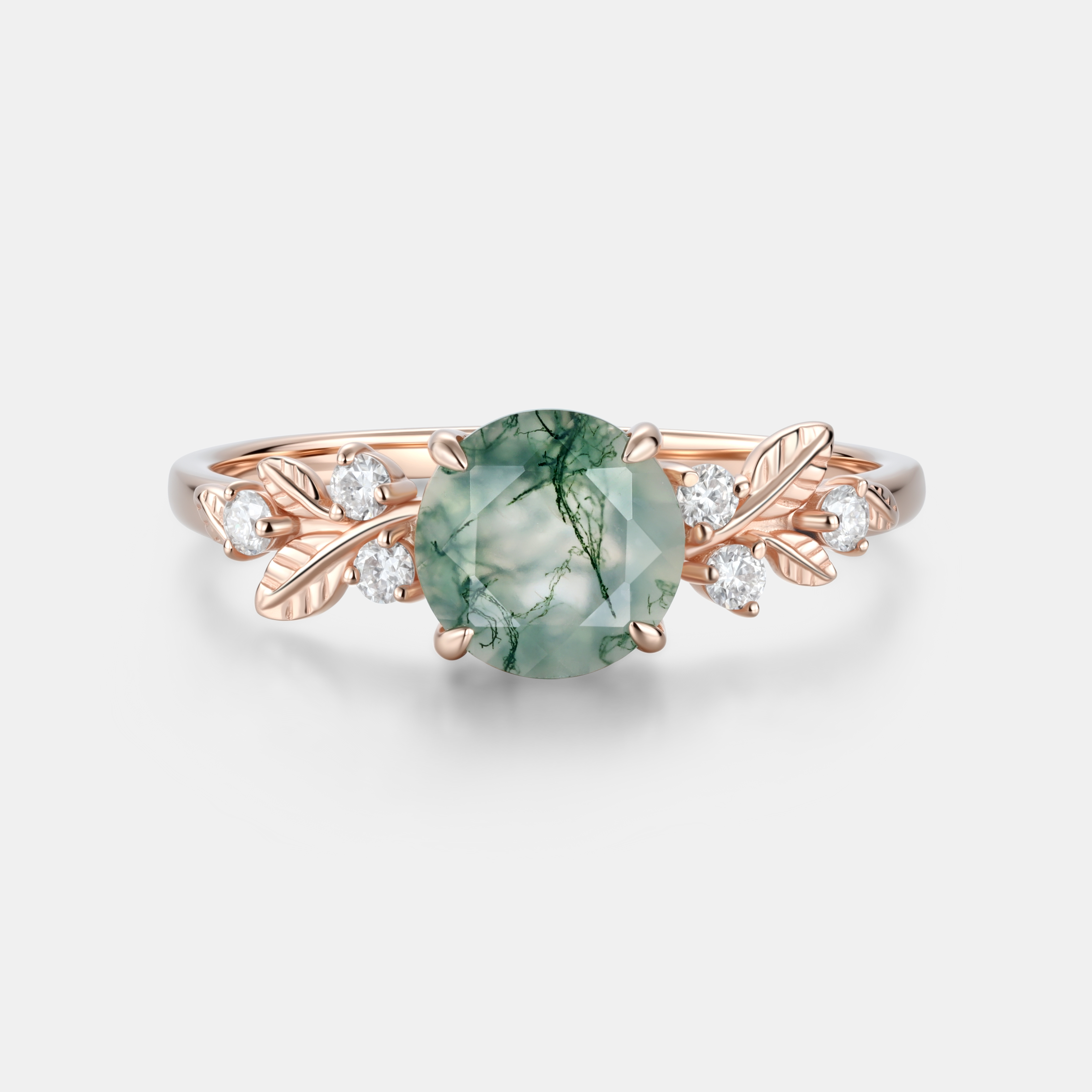 Lucky Gemstones Round Moss Agate Engagement Ring in Rose Gold | Leaf Vine Botanical Design with Moissanite Accents