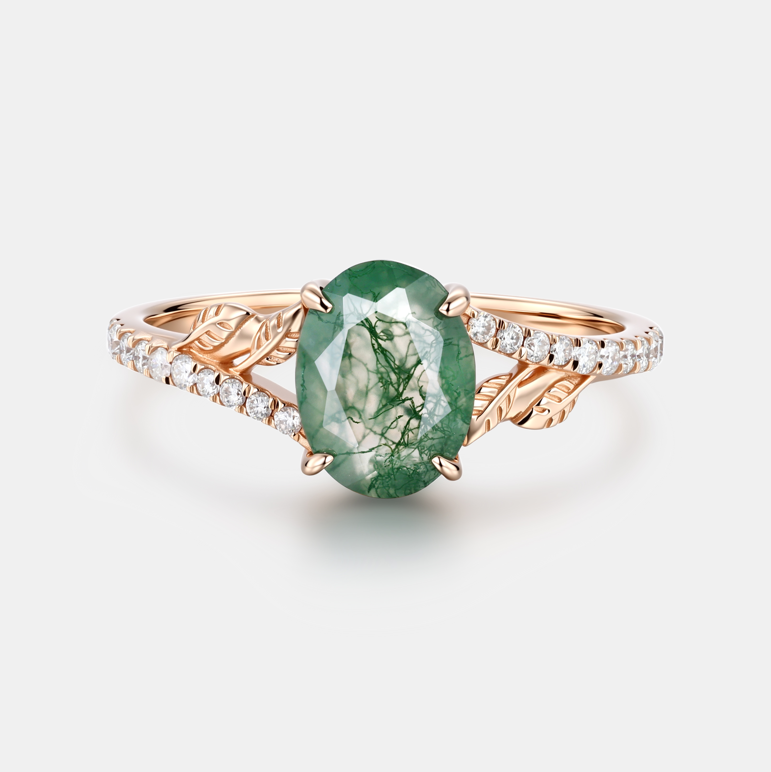 Rose Gold Natural Oval Cut Moss Agate Vine Diamond Ring with Leaf Carving & Pavé Half Band | Nature Artistic Engagement Ring
