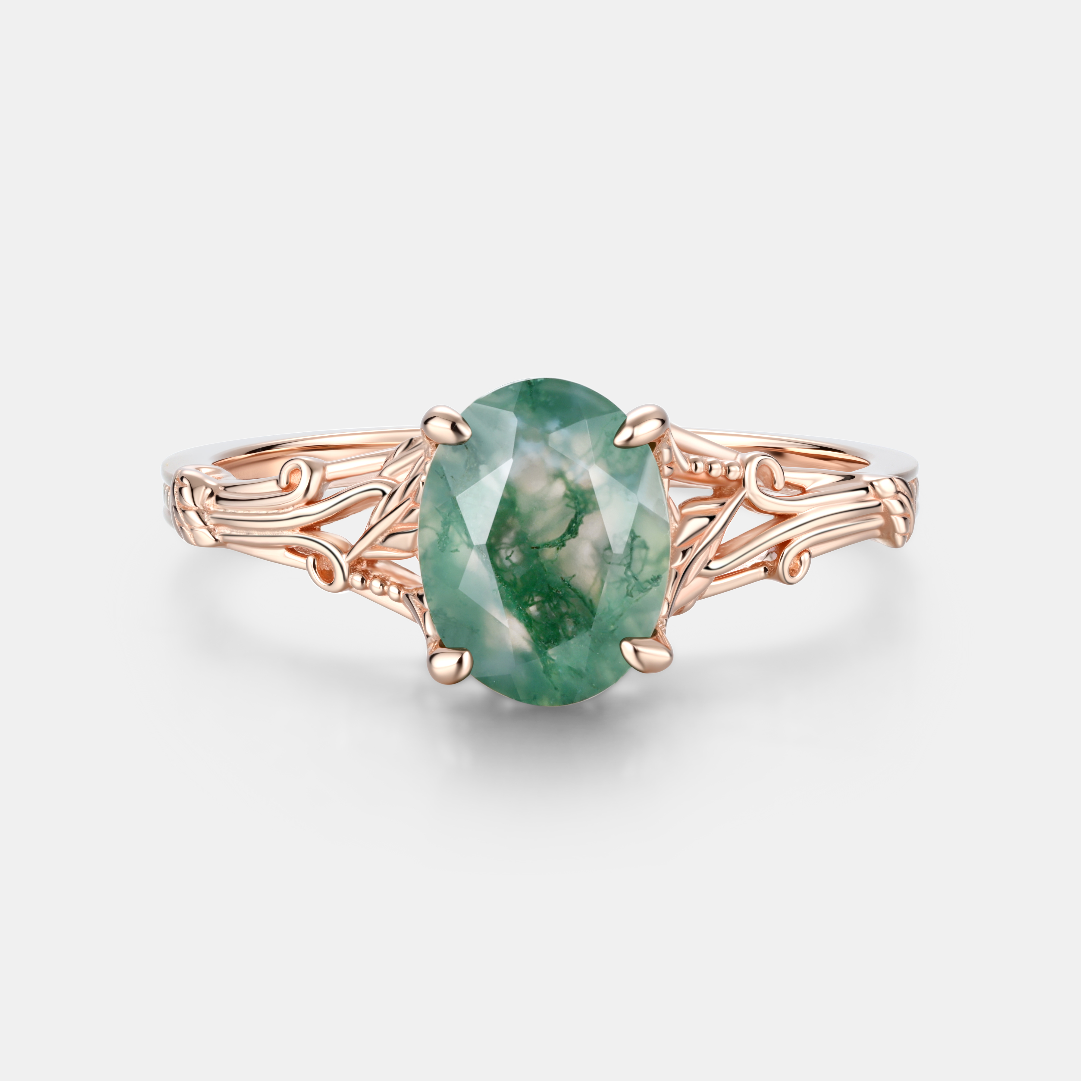 Lucky Gemstones Oval Cut Moss Agate Engagement Ring Delicate Rose Gold Natural Inspired Design Band