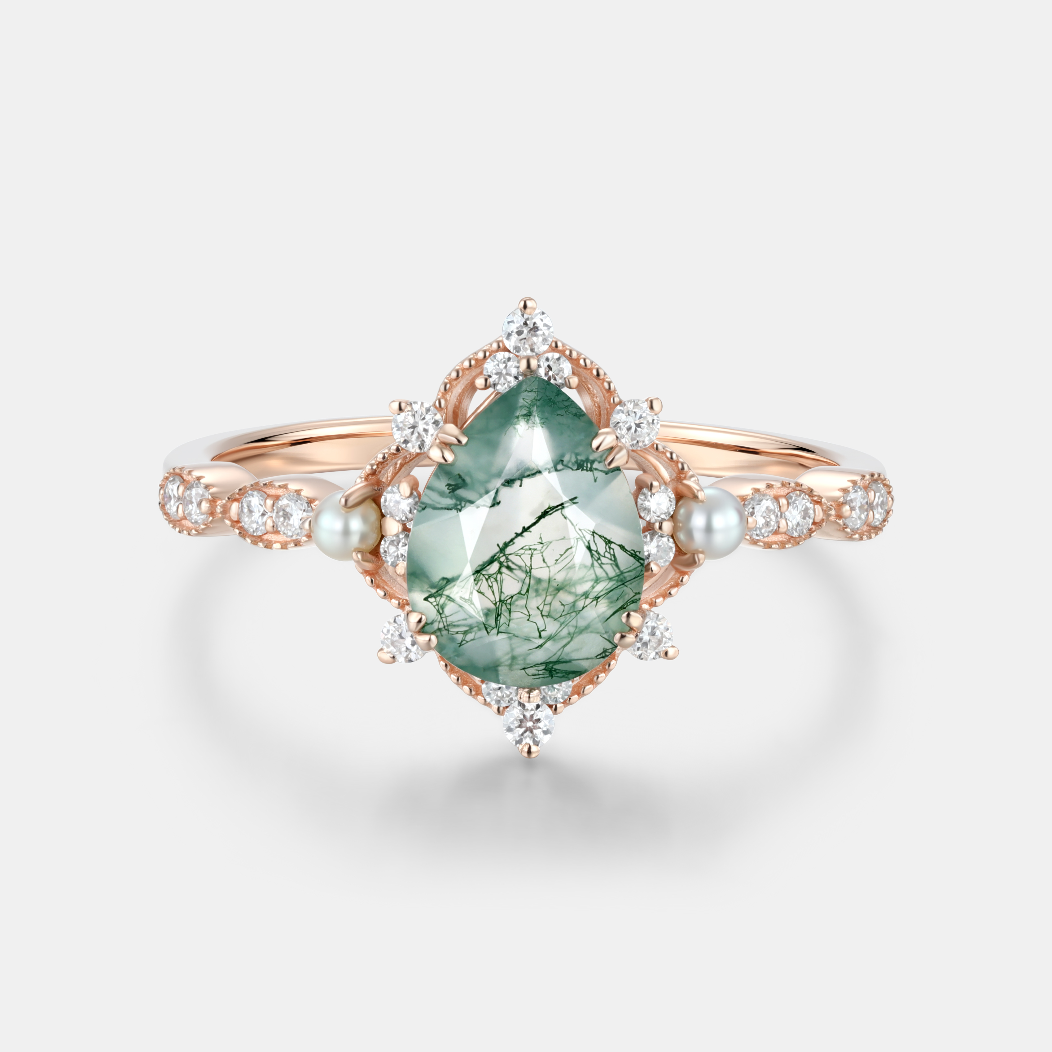Lucky Gemstones | Pear Moss Agate Engagement Ring in Rose Gold | Delicate Natural Inspired Design with Pearl Moissanite Accent