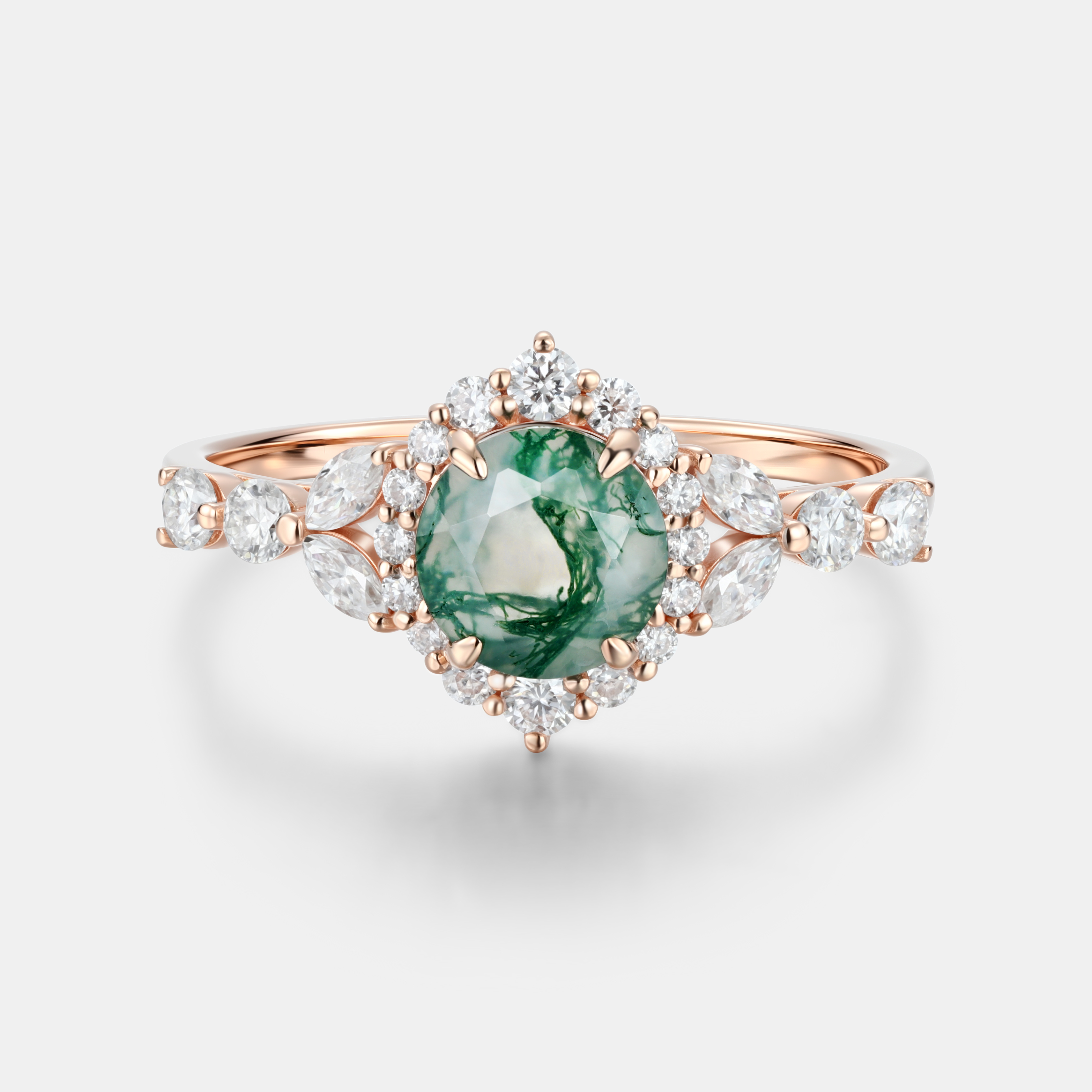 Lucky Gemstones | Round Moss Agate Engagement Ring with Moissanite Halo | Rose Gold Natural Inspired Artistic with Moissanite Accent