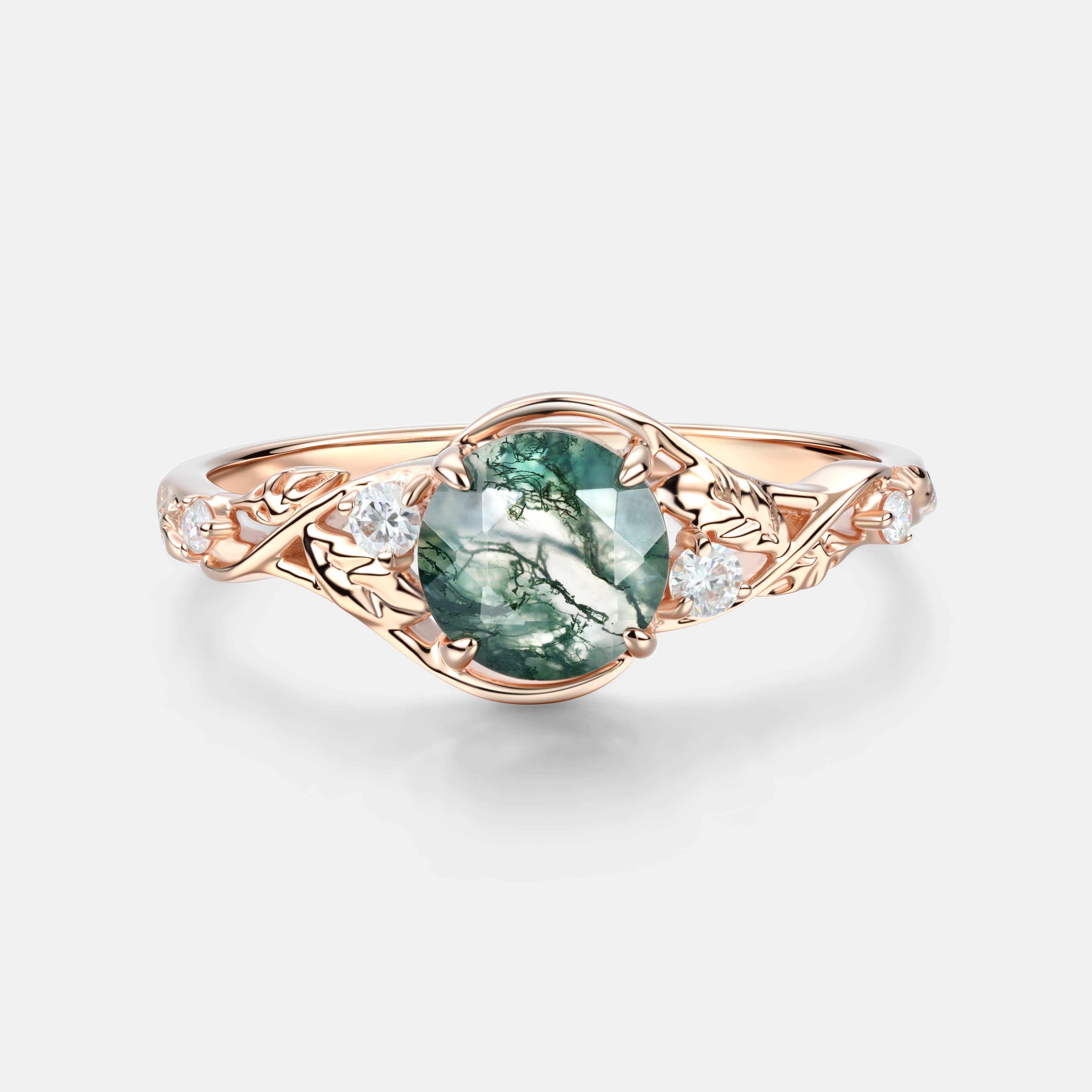 Lucky Gemstones | Rose Gold Round Moss Agate Enagagement Ring | Leaf Vine with Moissanite Accent | Nature Artistic