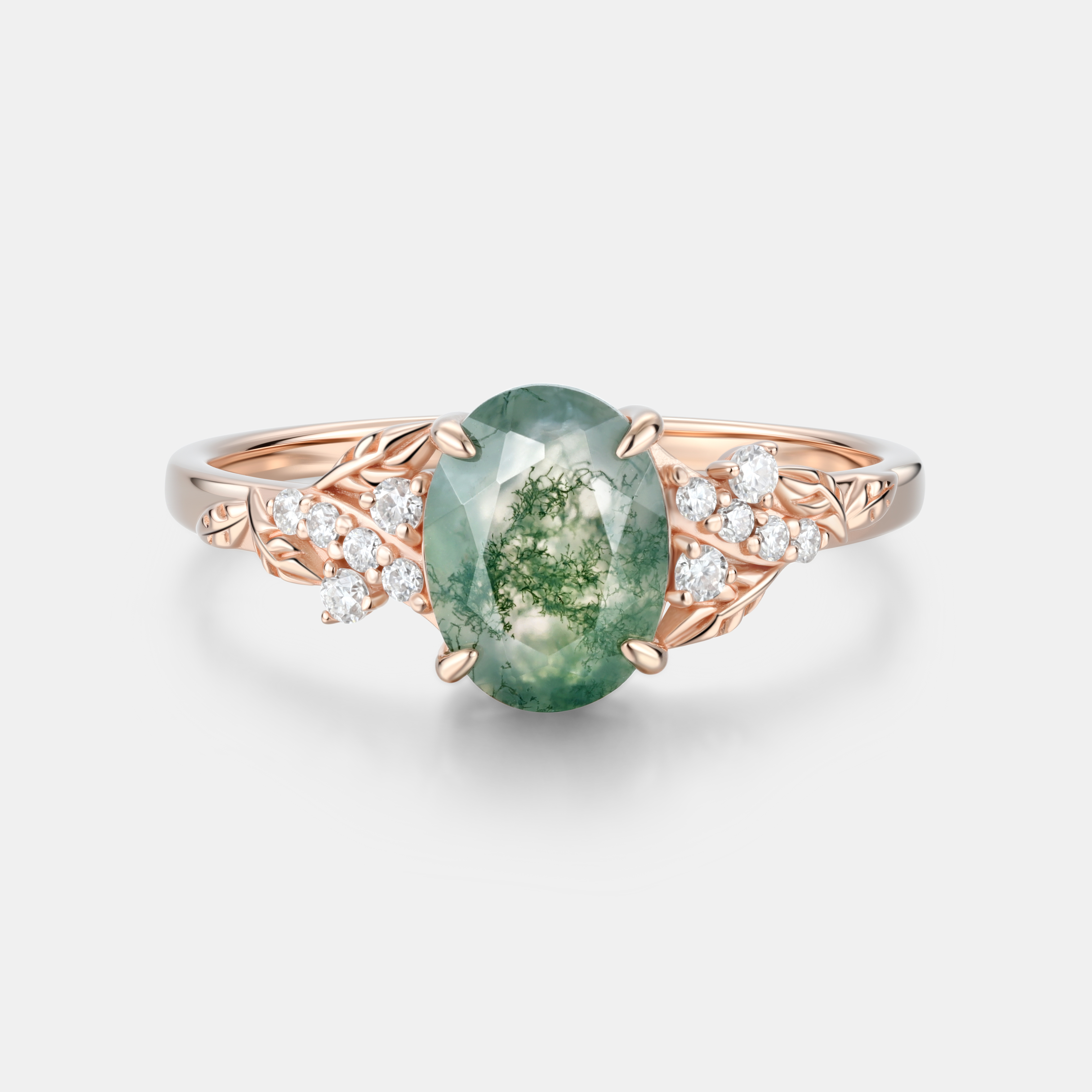 Lucky Gemstones | Oval Cut Moss Agate Enagagement Ring in Rose Gold | Delicate Moissanite Cluster Leaf Vine Design