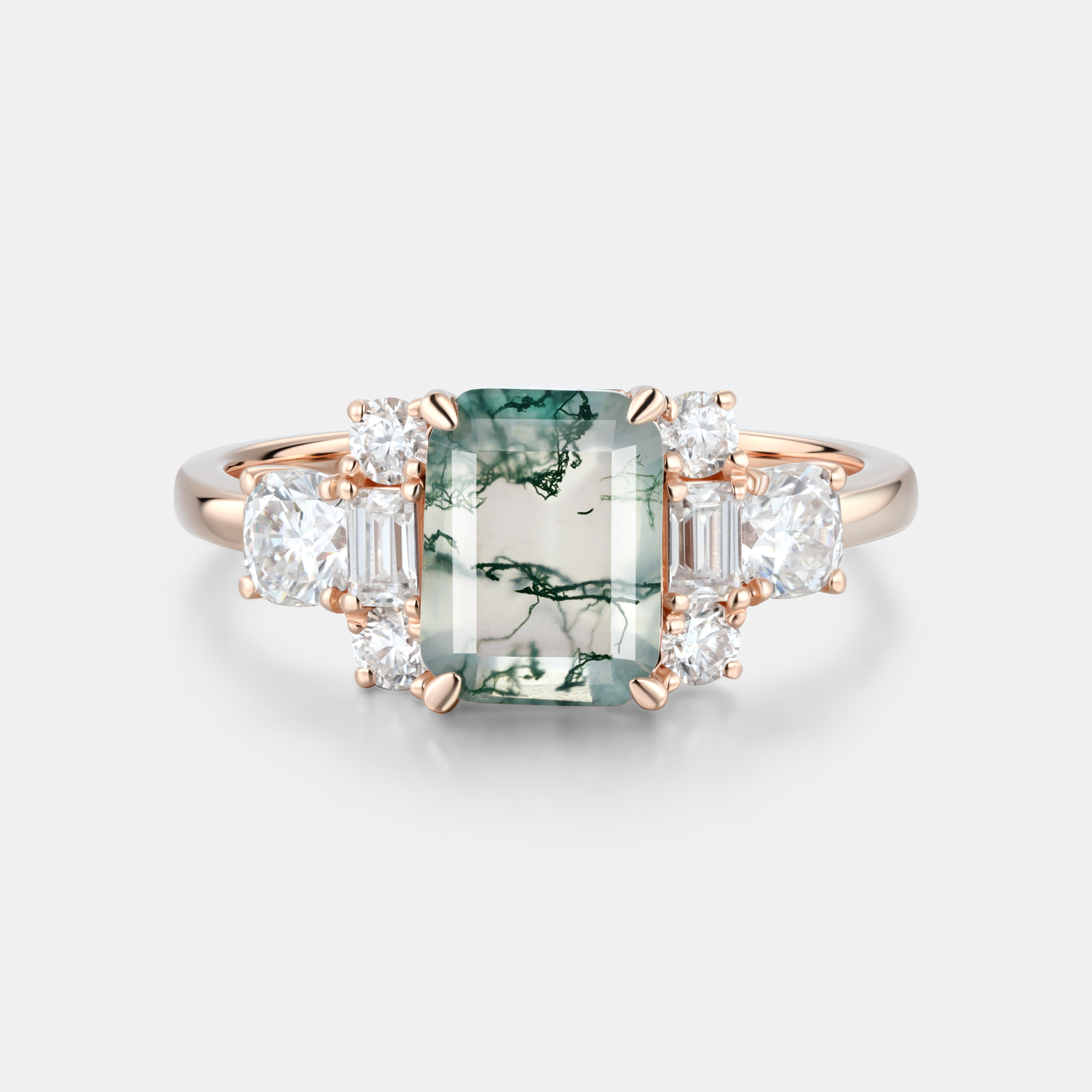 Lucky Gemstones | Emerald Cut Moss Agate Engagement Ring | Delicate Rose Gold Moissanite Cluster Band