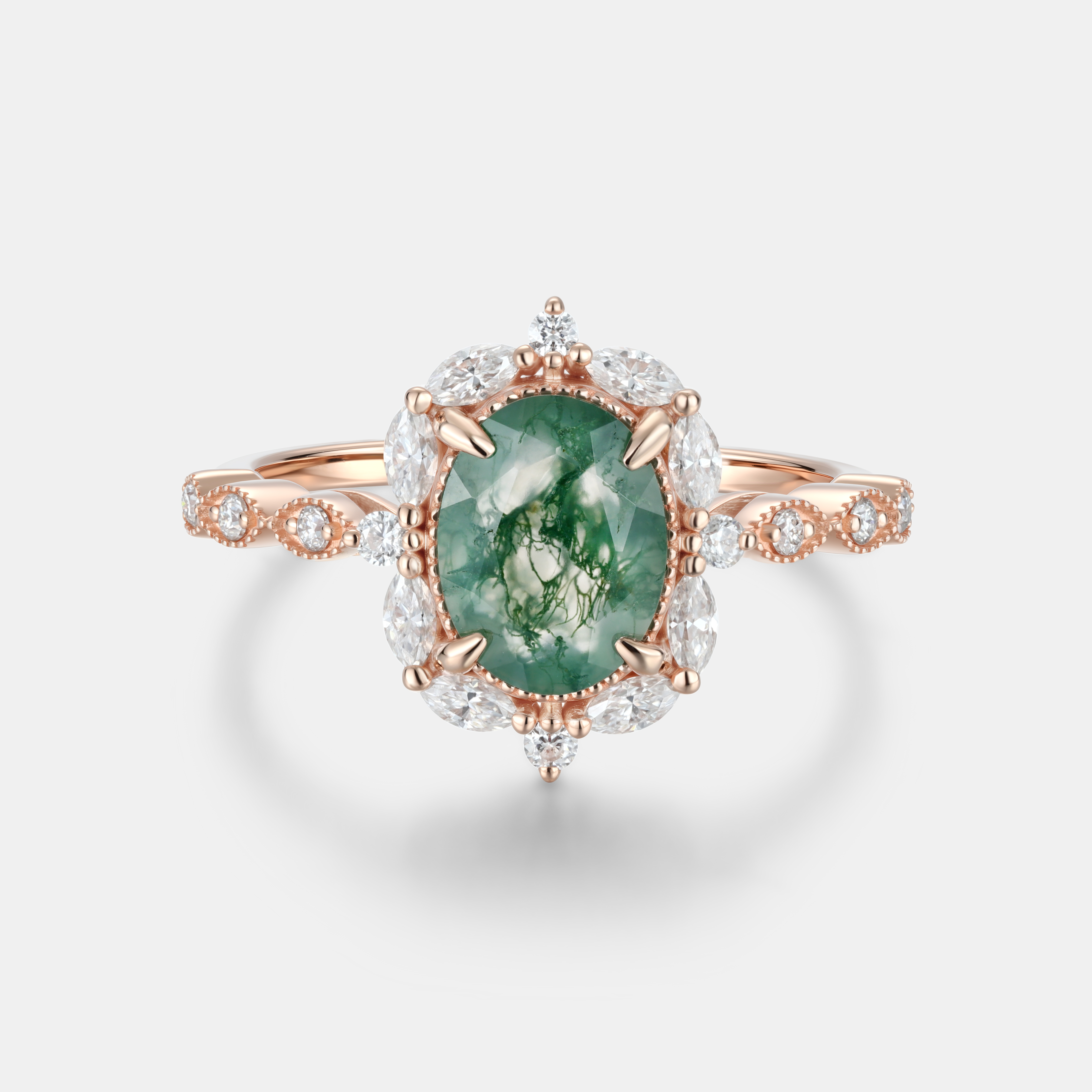 Lucky Gemstones | Oval Moss Agate Engagement Ring with Moissanite Halo | Rose Gold Leaf Vine Weave Band Moissanite Accent