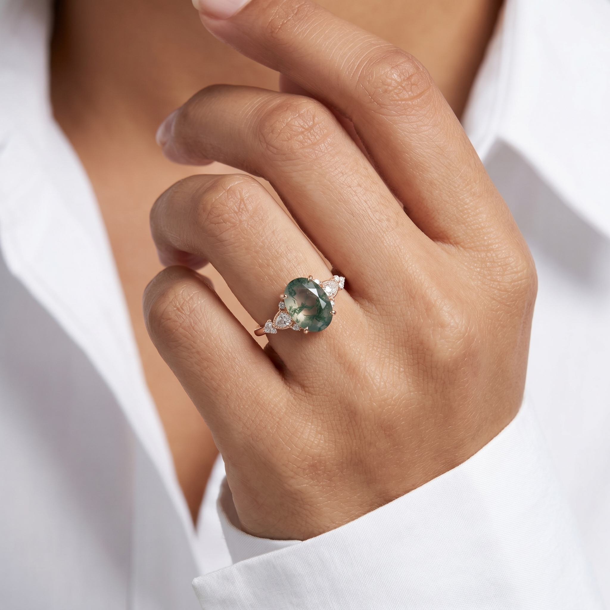 Rose Gold Natural Oval Cut Moss Agate Ring with Pear Moissanite & Milgrain Accents | Vintage Nature-Inspired Engagement Ring