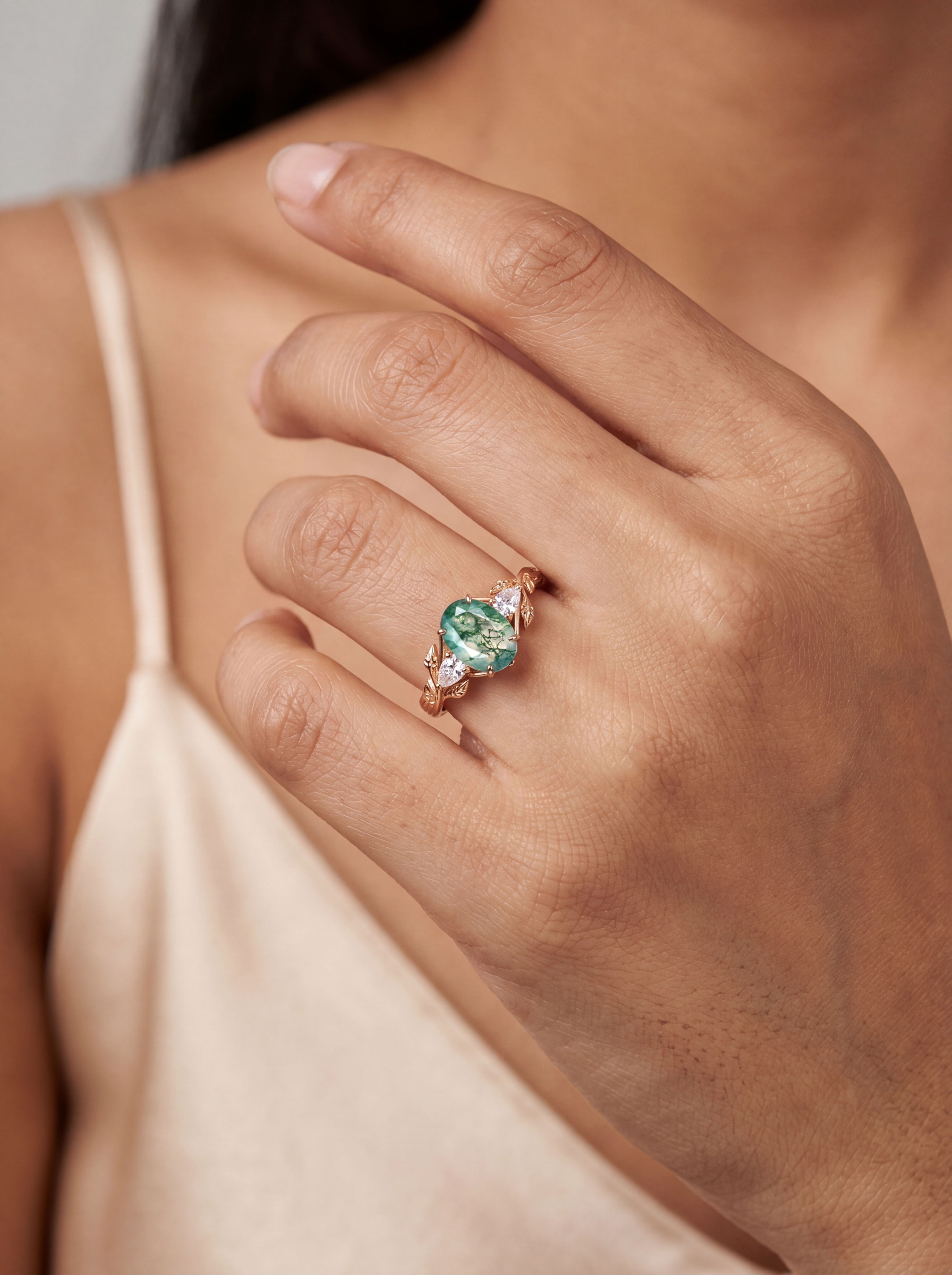 Rose Gold Natural Oval Cut Moss Agate Leaf Vine Three-Stone Ring with Pear Moissanite Accents | Nature Artistic Engagement Ring