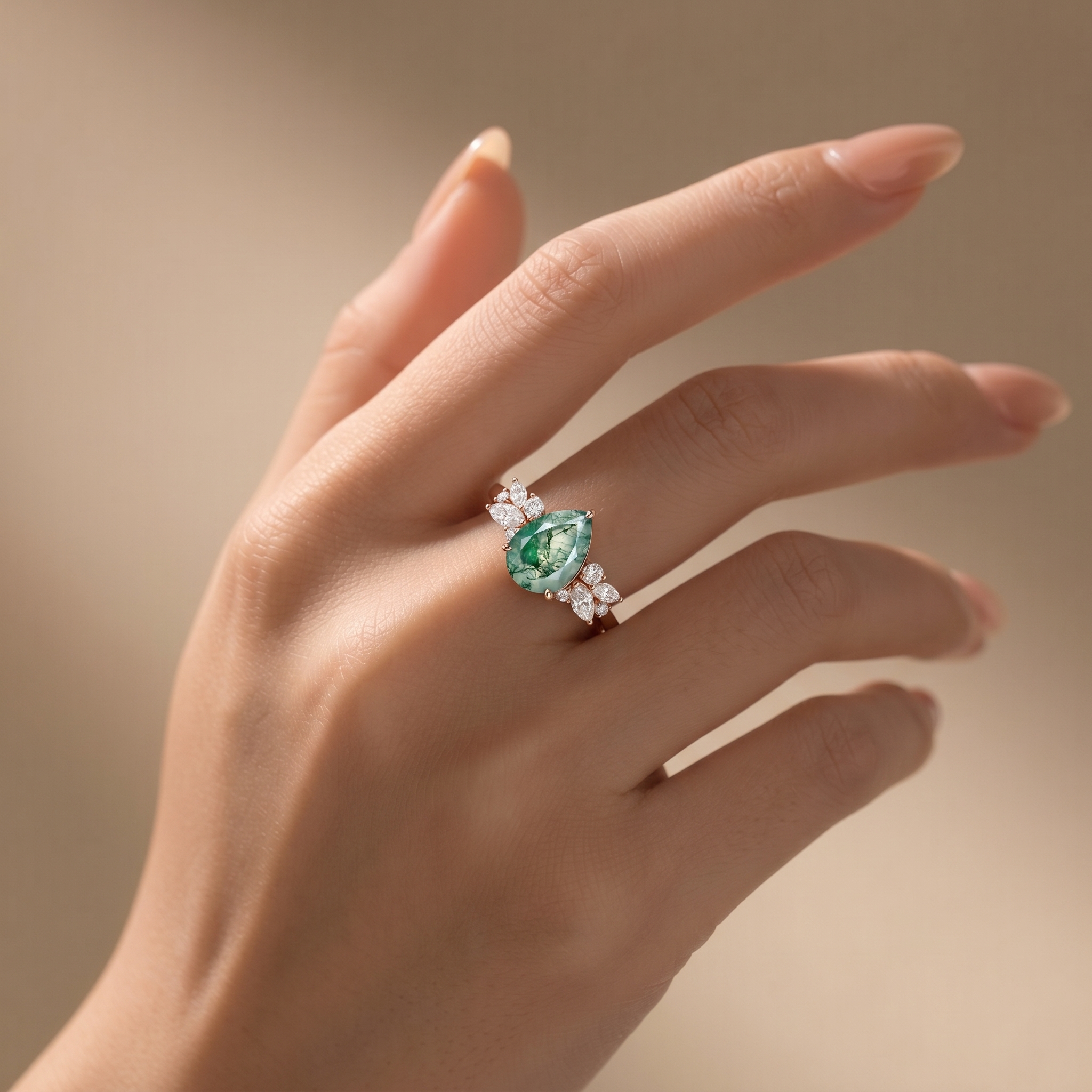 Natural Moss Agate Pear-Shaped Ring | Surrounded by Moissanite Leaves | Nature-Inspired Engagement Ring-GLR0019