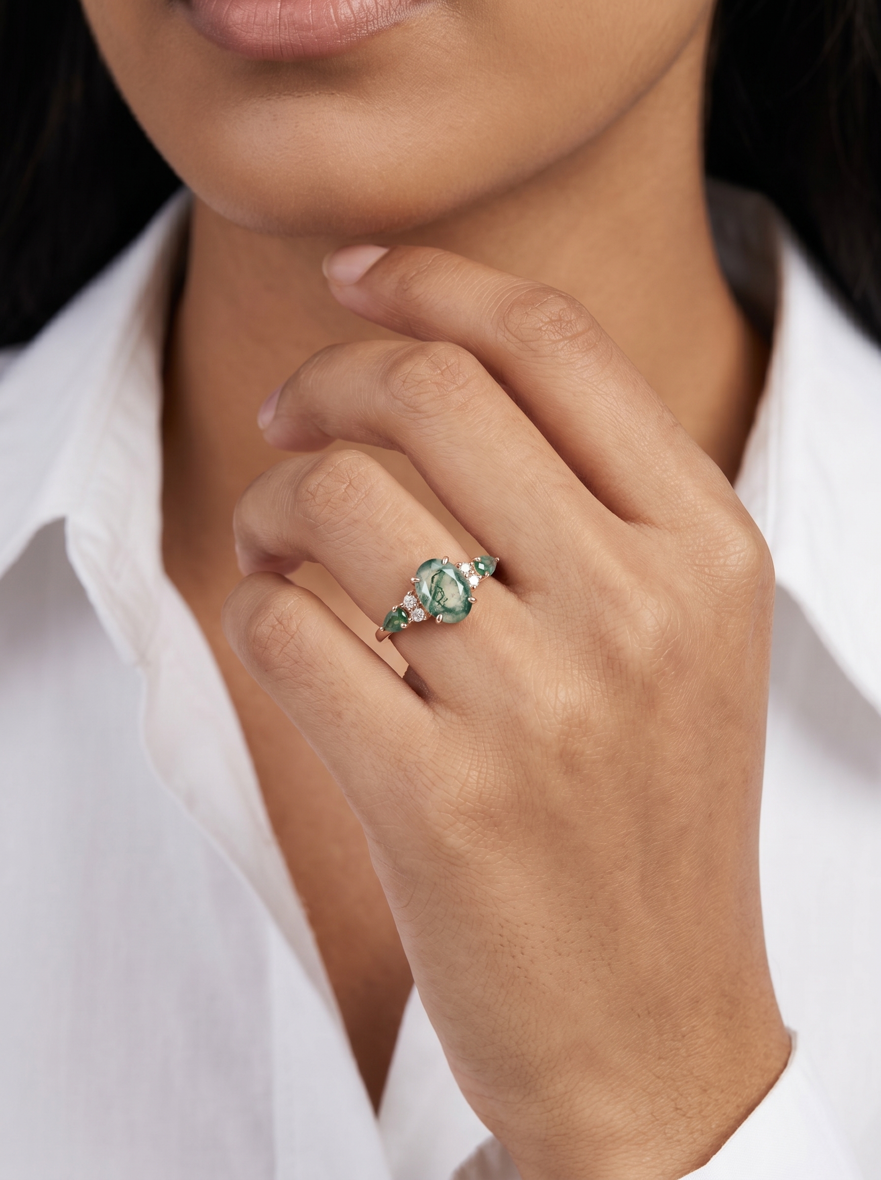 Rose Gold Natural Oval Cut Moss Agate Three-Stone Ring with Pear Side Stones & Moissanite Accents | Nature-Inspired Engagement Ring