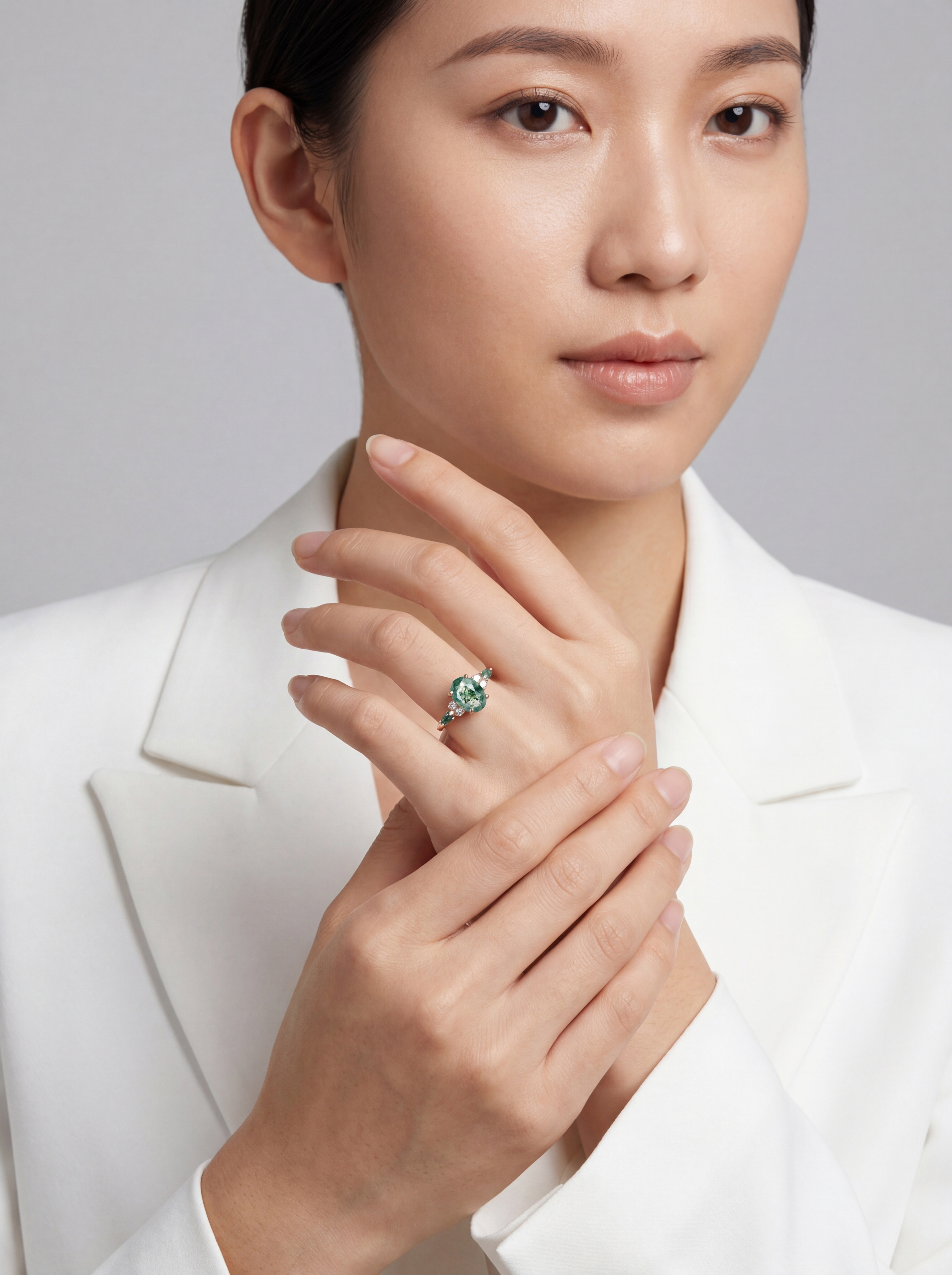Rose Gold Natural Oval Cut Moss Agate Three-Stone Ring with Matching Marquise Moss Agate Sides | Nature-Inspired Engagement Ring