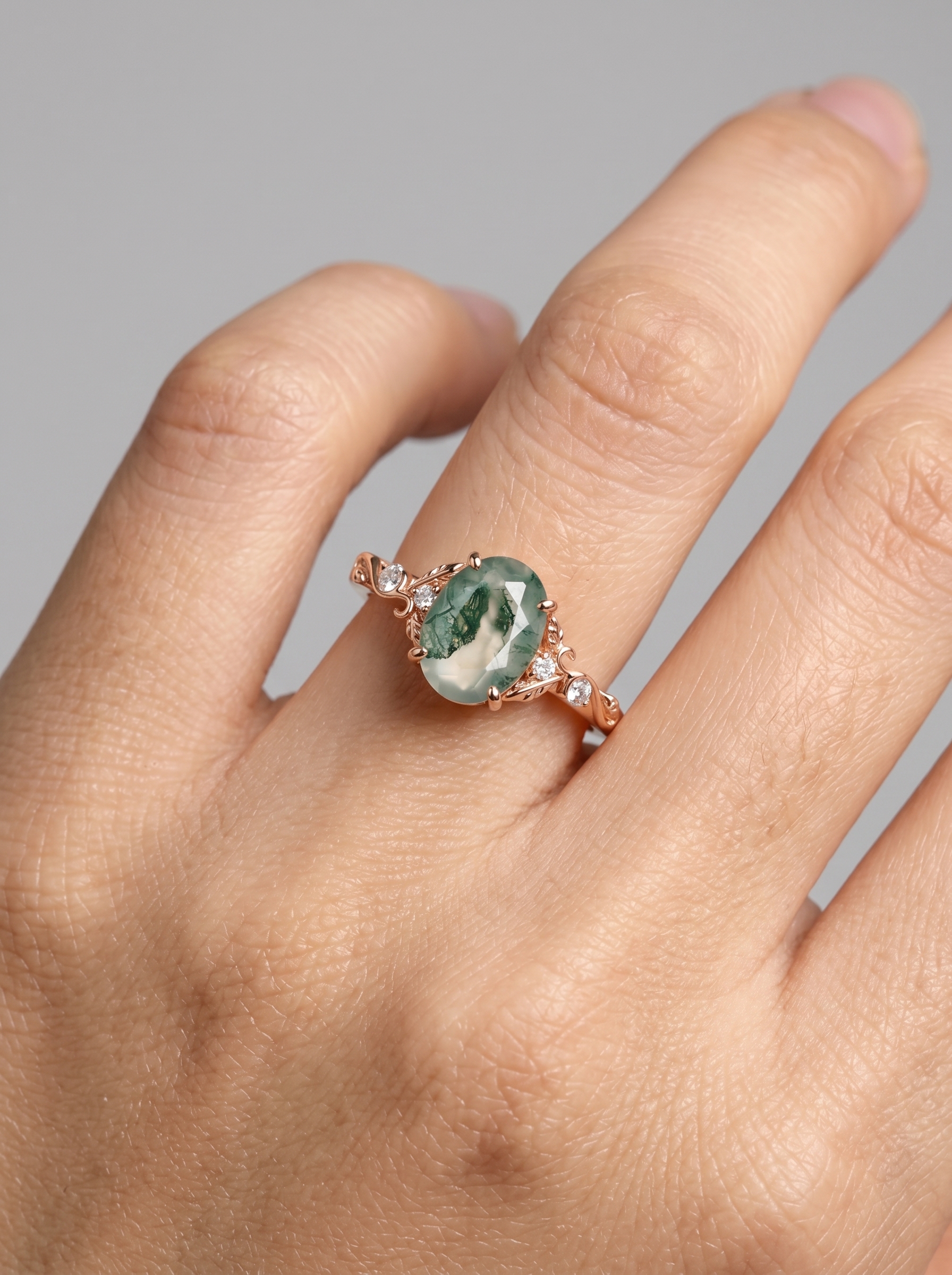 Rose Gold Natural Oval Cut Moss Agate Swirling Vine Ring with Moissanite Accents | Art Nouveau Engagement Ring