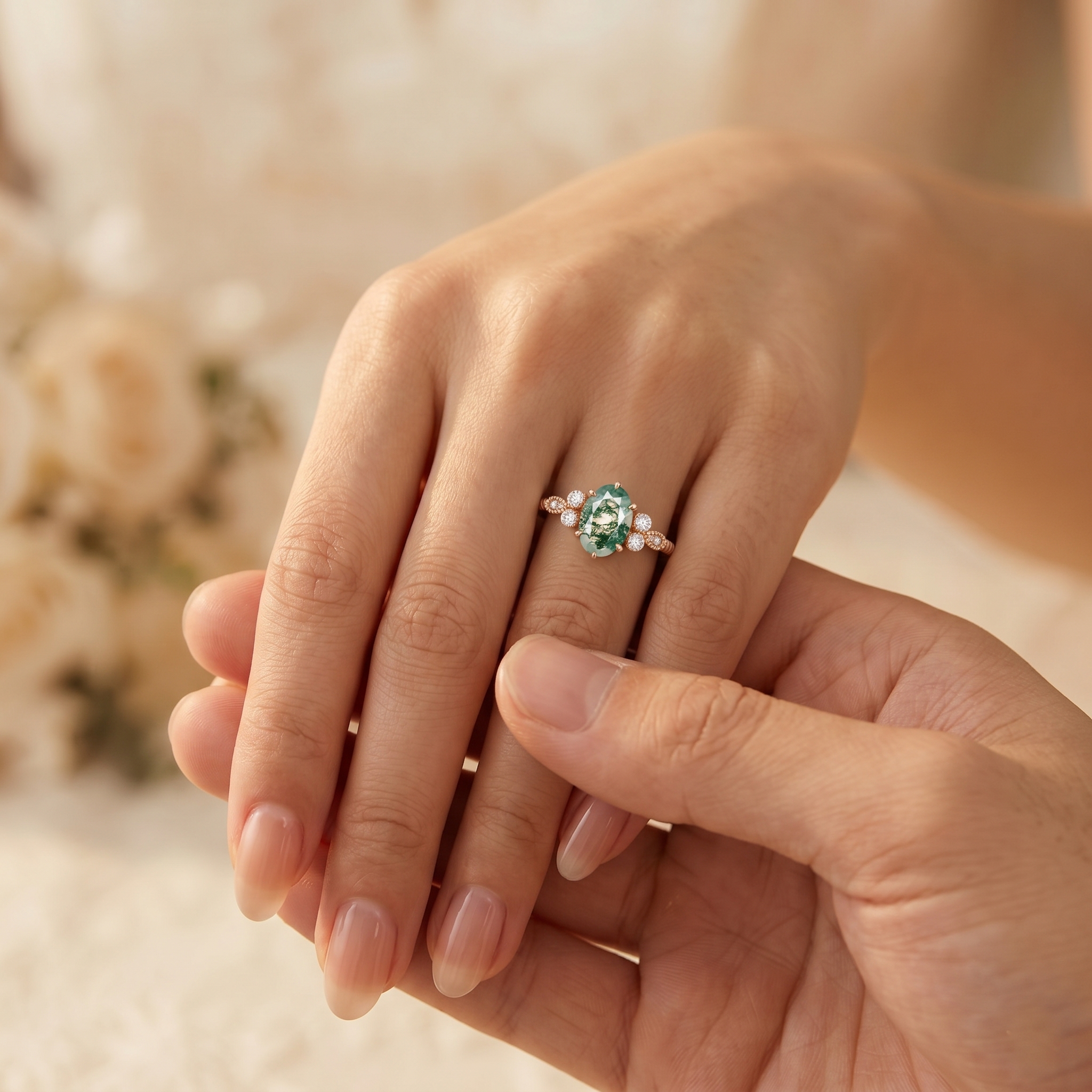 Rose Gold Natural Oval Cut Moss Agate Floral Twist Ring – Romantic Bloom from the Forest