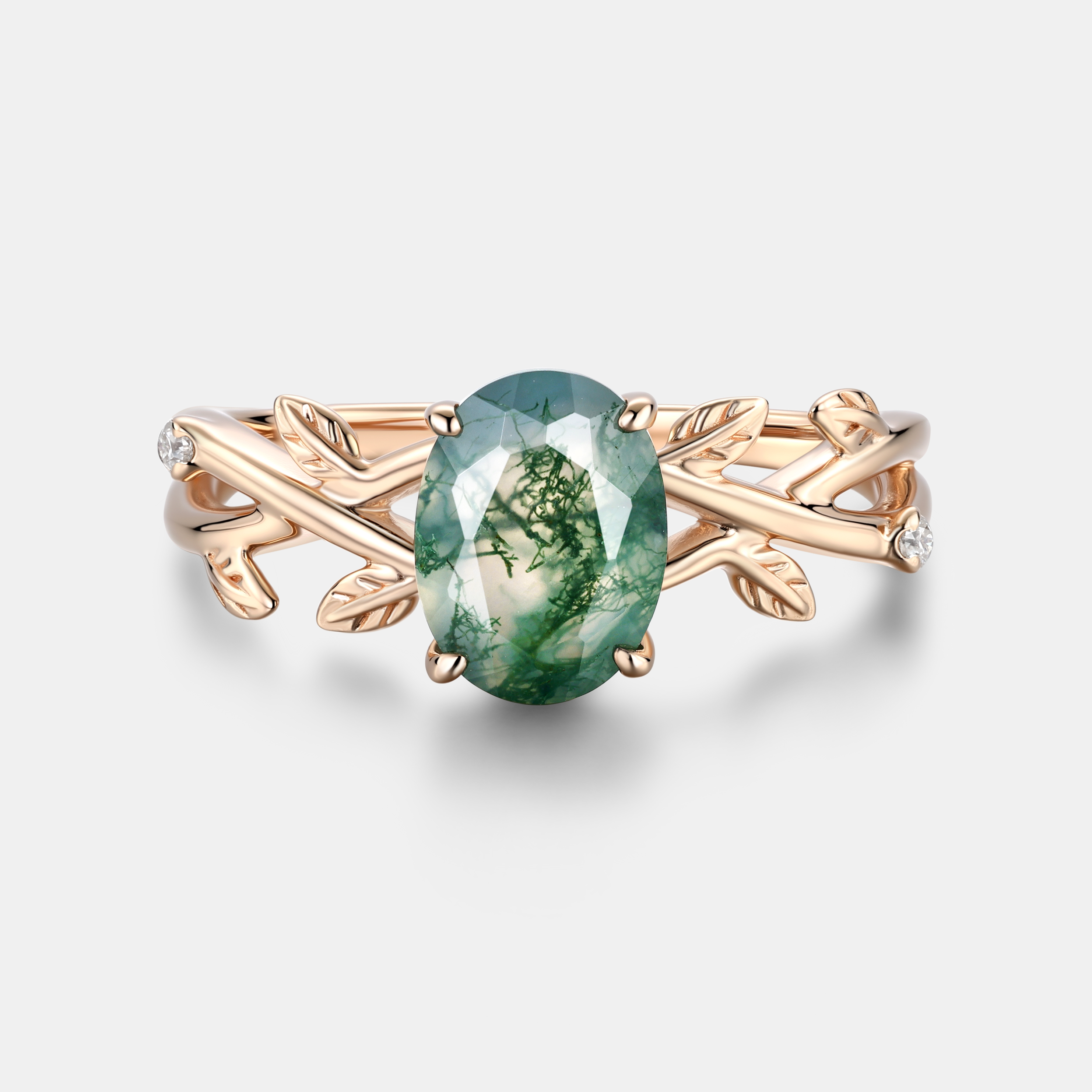 Rose Gold Natural Oval Cut Moss Agate Intertwined Vine Ring with Leaf Carving | Nature Artistic Engagement Ring