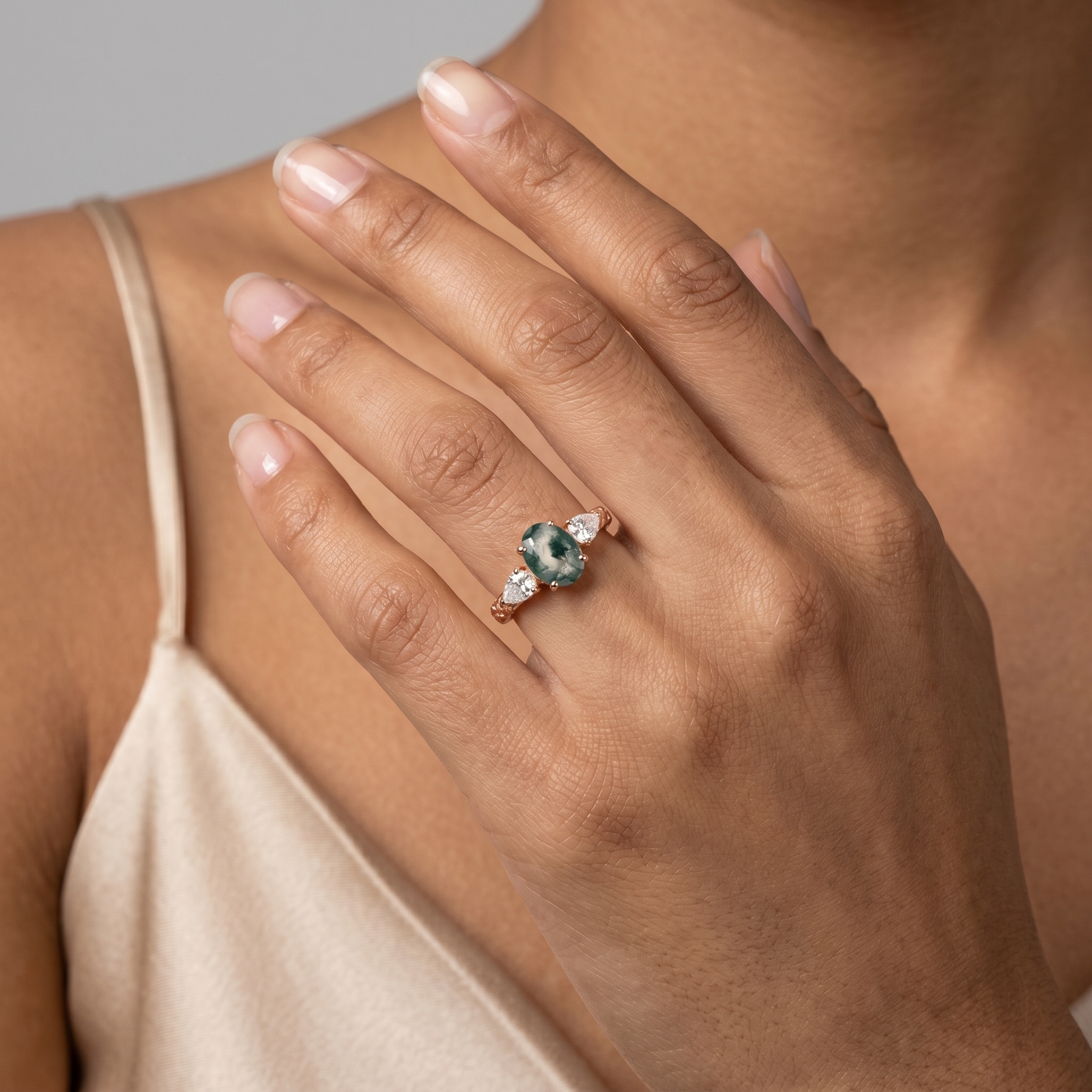 Rose Gold Natural Oval Cut Moss Agate Three-Stone Ring with Pear moissanite & Leaf Carving | Nature Elegant Engagement Ring