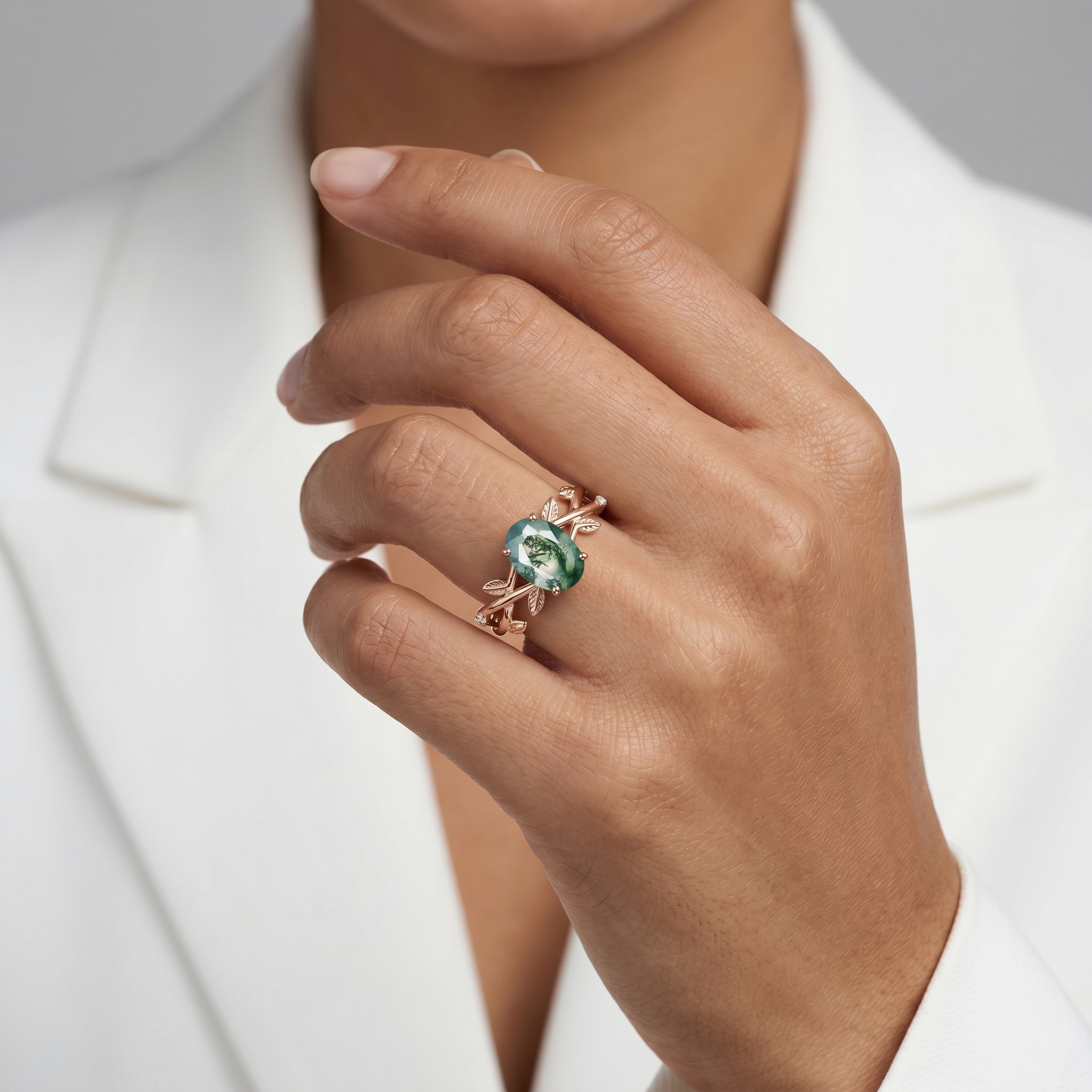 Rose Gold Natural Oval Cut Moss Agate Intertwined Vine Ring with Leaf Carving | Nature Artistic Engagement Ring