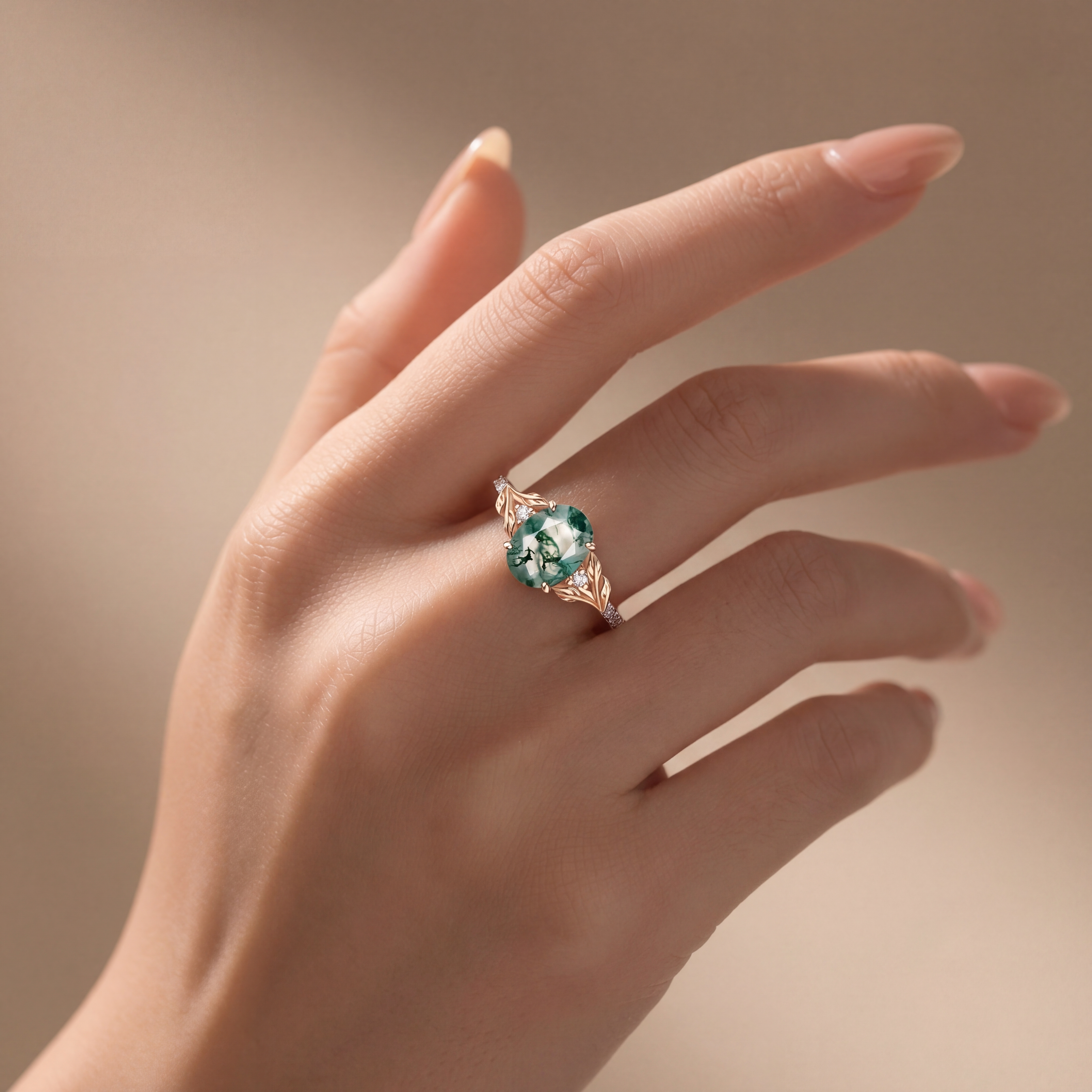 Rose Gold Natural Oval Cut Moss Agate Vine Diamond Half-Pavé Ring with Leaf Carving | Nature Artistic Engagement Ring