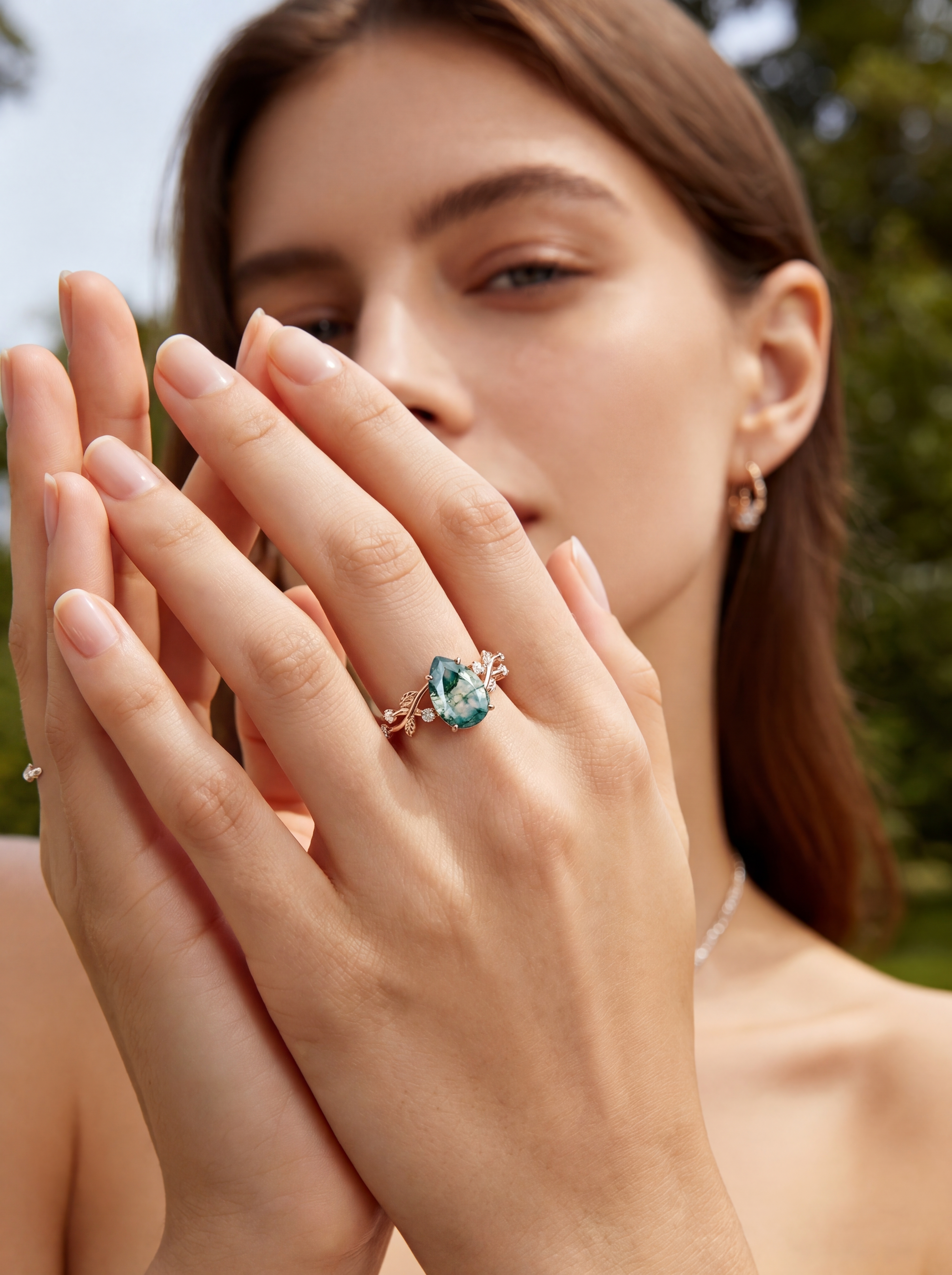 Nature-Inspired Pear Moss Agate Engagement Ring in 14K Rose Gold with Leaf Vine & Diamonds