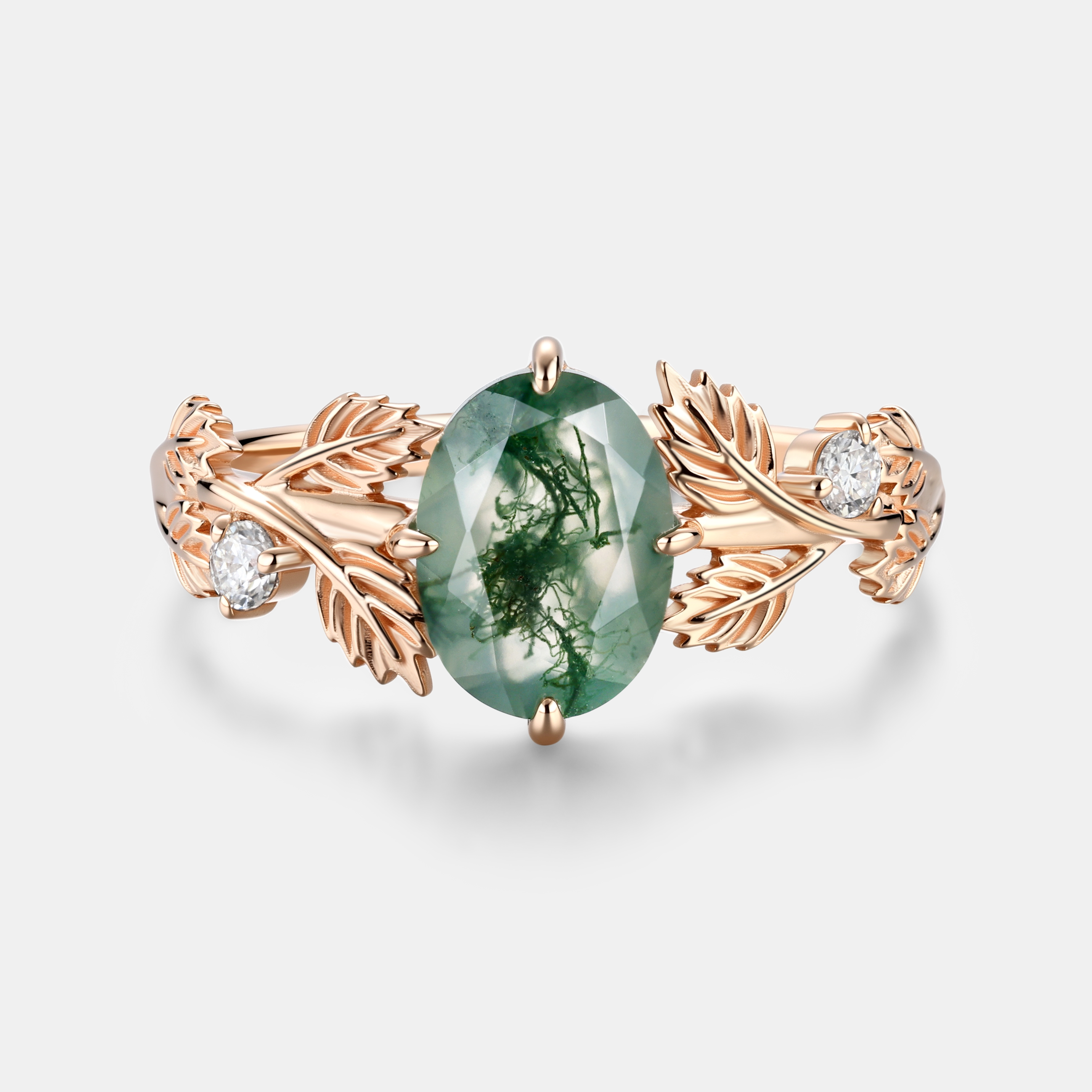 Oval Cut Moss Agate Rose Gold Leaf Ring with Symmetrical Carved Leaves | Unique Forest Boho Engagement Ring