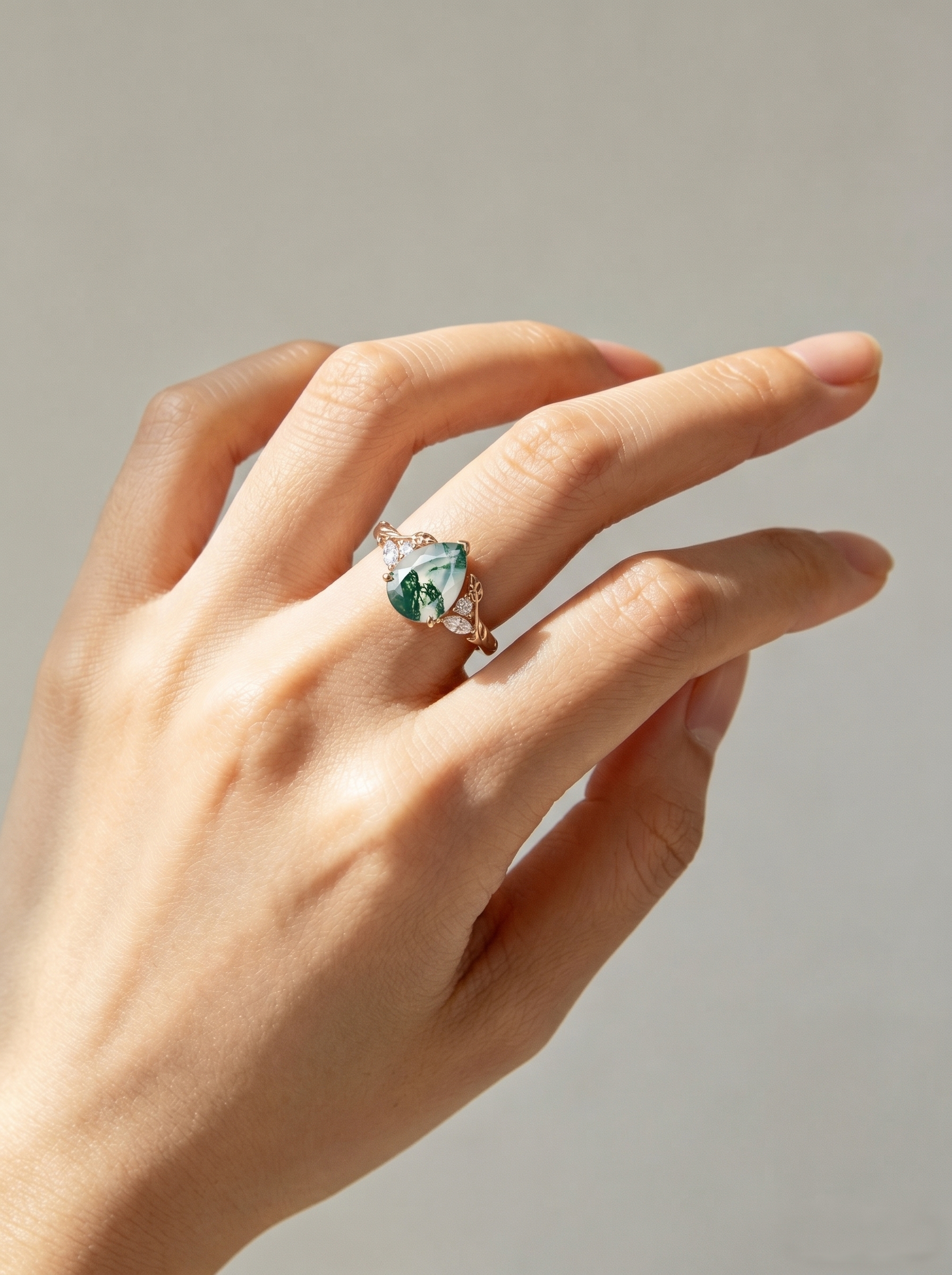 Enchanted Forest Pear Moss Agate Engagement Ring in  Rose Gold with Diamond Leaves