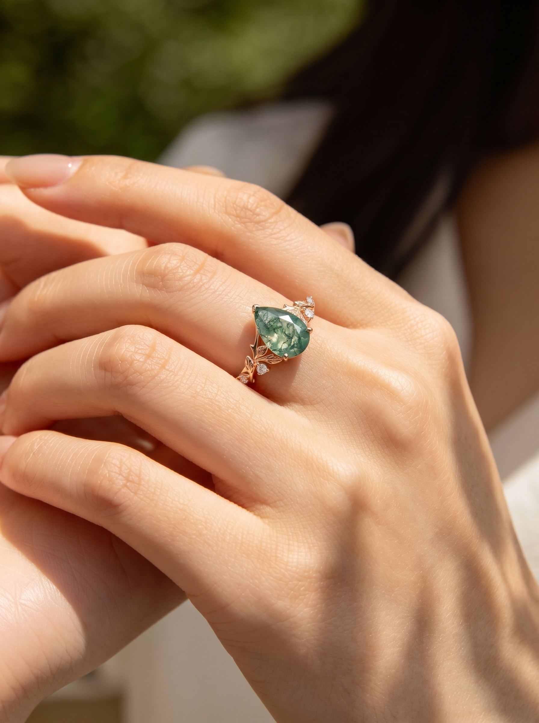 Lucky Moss Agate Floral Engagement Ring – Pear Shape in Rose Gold