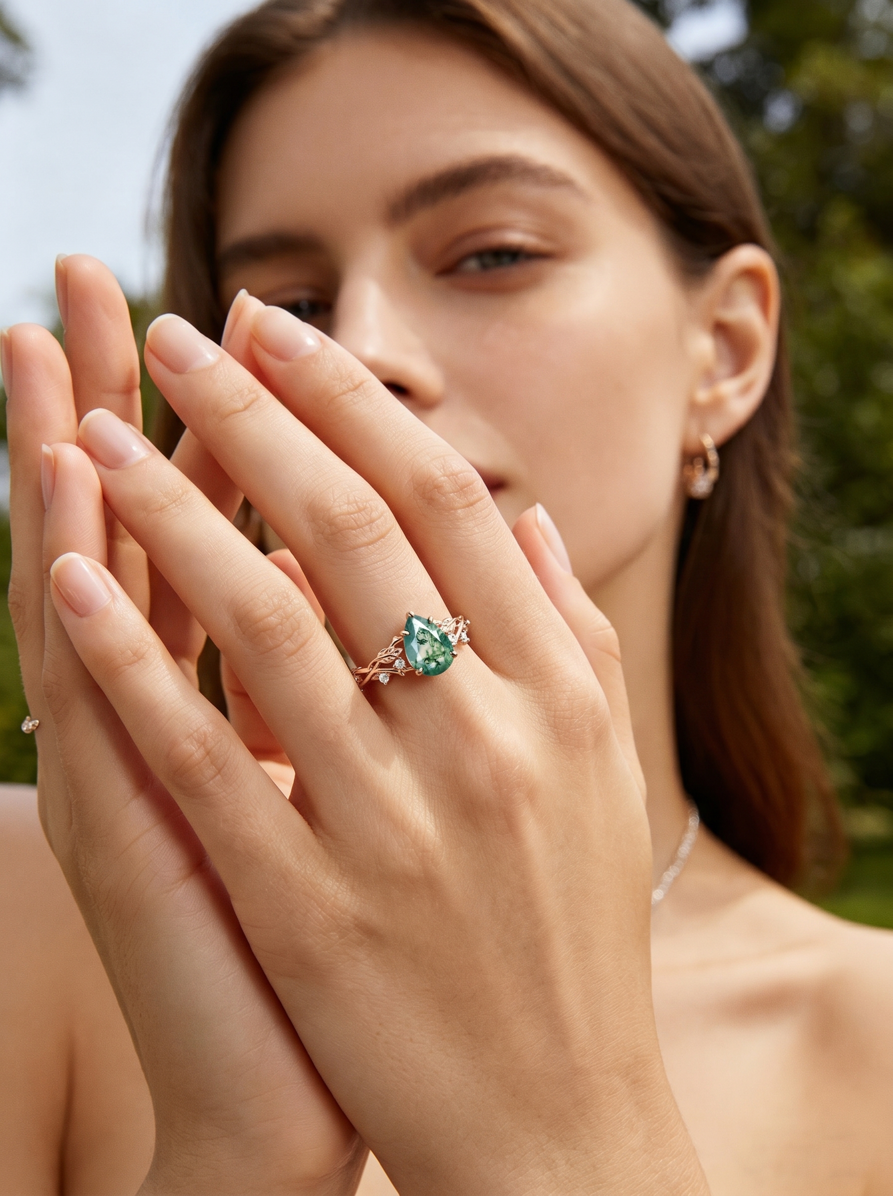 Eternal Canopy Pear Moss Agate Engagement Ring in Rose Gold with Diamond Vine Foliage