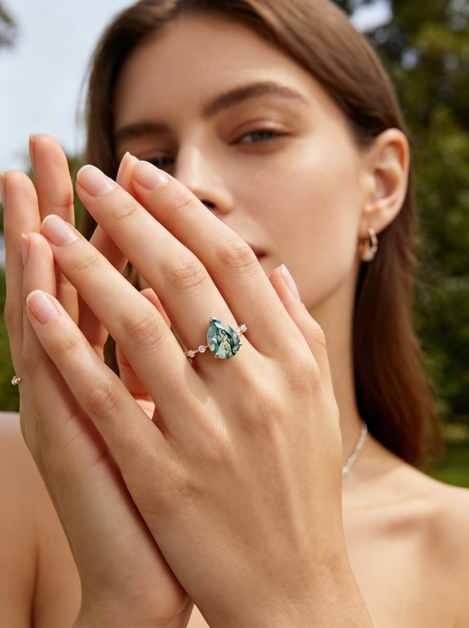 Lucky Eternal Canopy Pear Moss Agate Engagement Ring in  Rose Gold