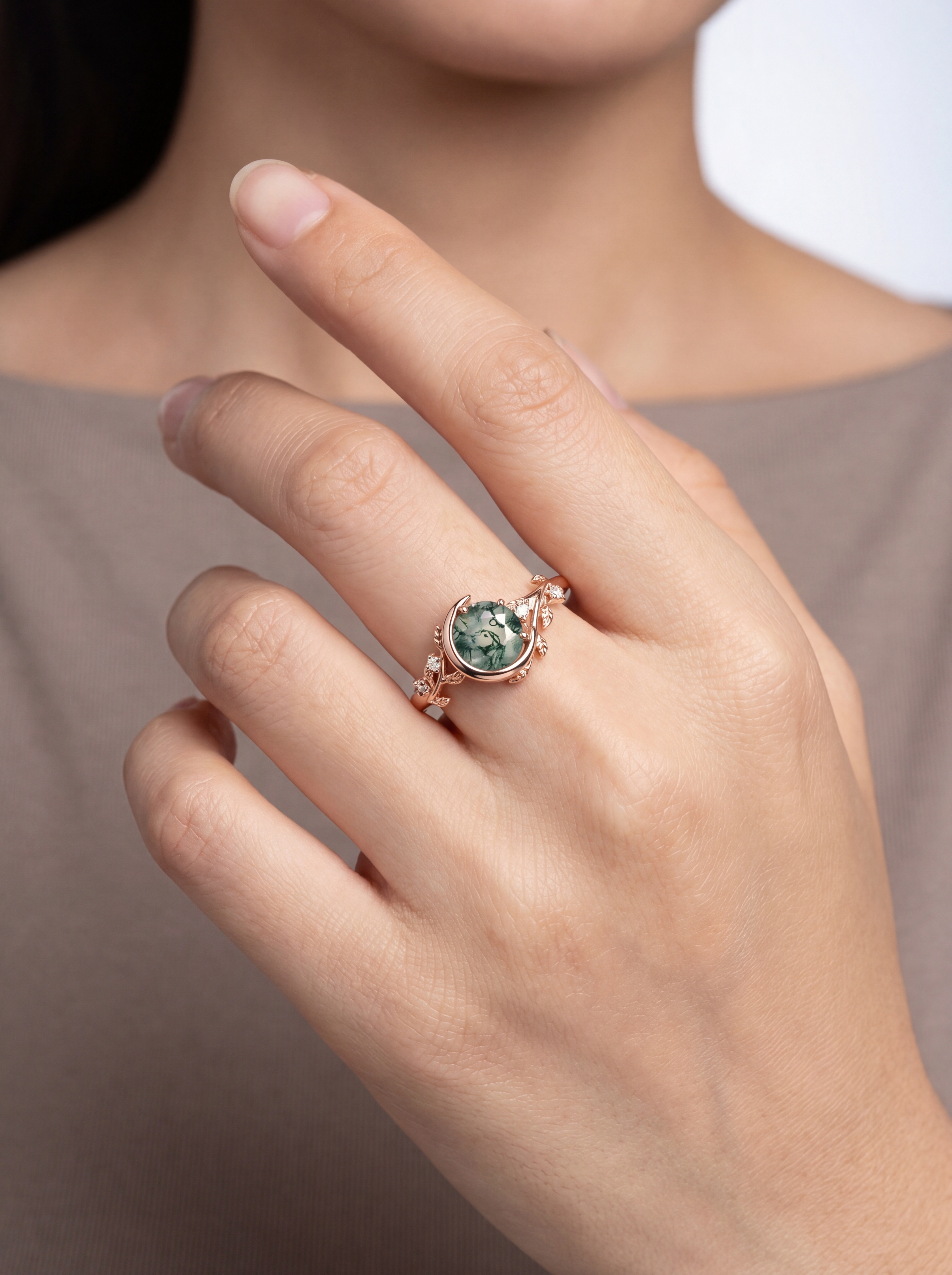 Lucky Round Natural Moss Agate Engagement Ring in Rose Gold | Crescent Leaf Vine Botanical Design with Moissanite Accents