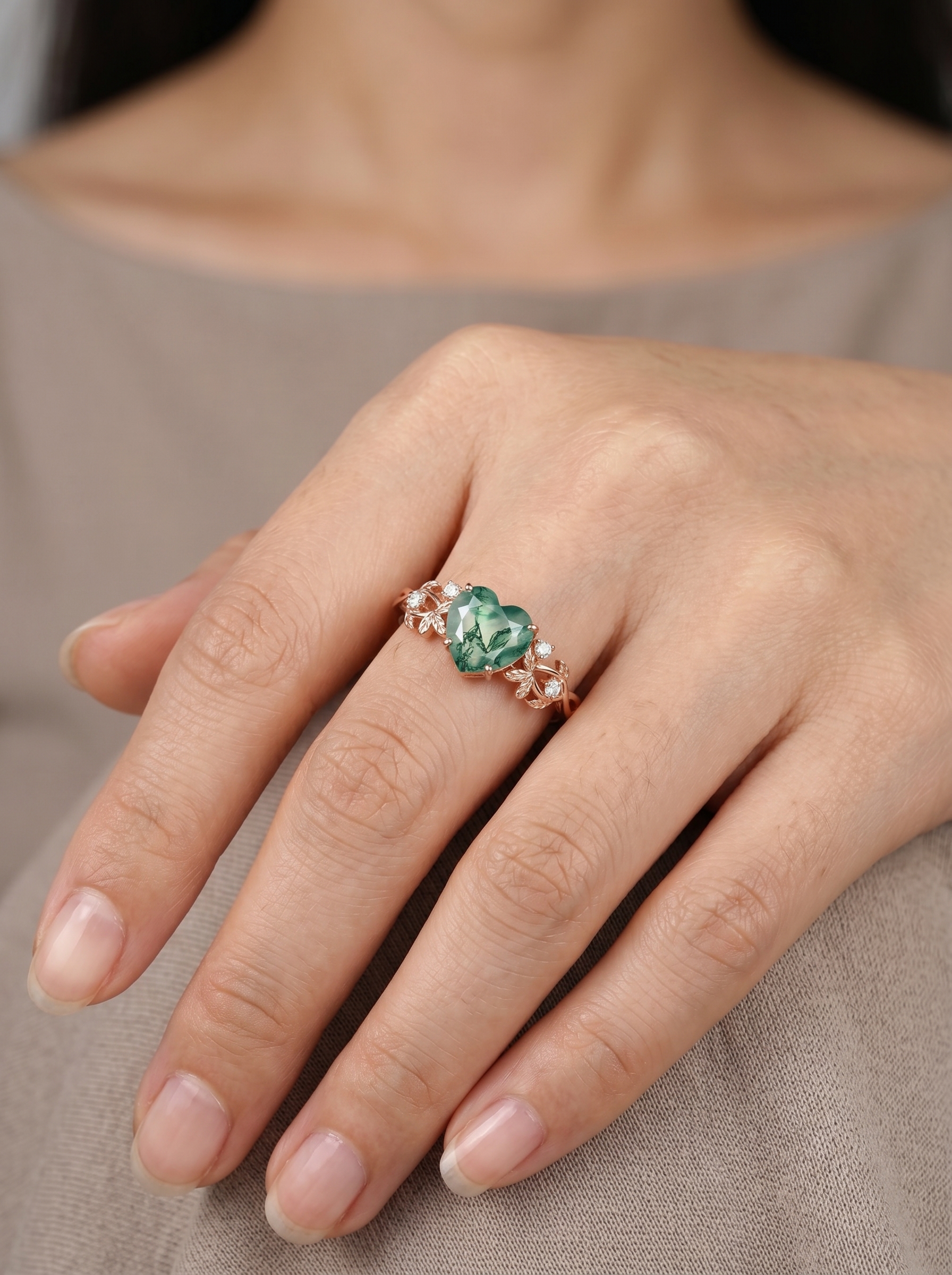 Lucky Heart Natural Moss Agate Engagement Ring in Rose Gold | Leaf Vine Botanical Design with Moissanite Accents