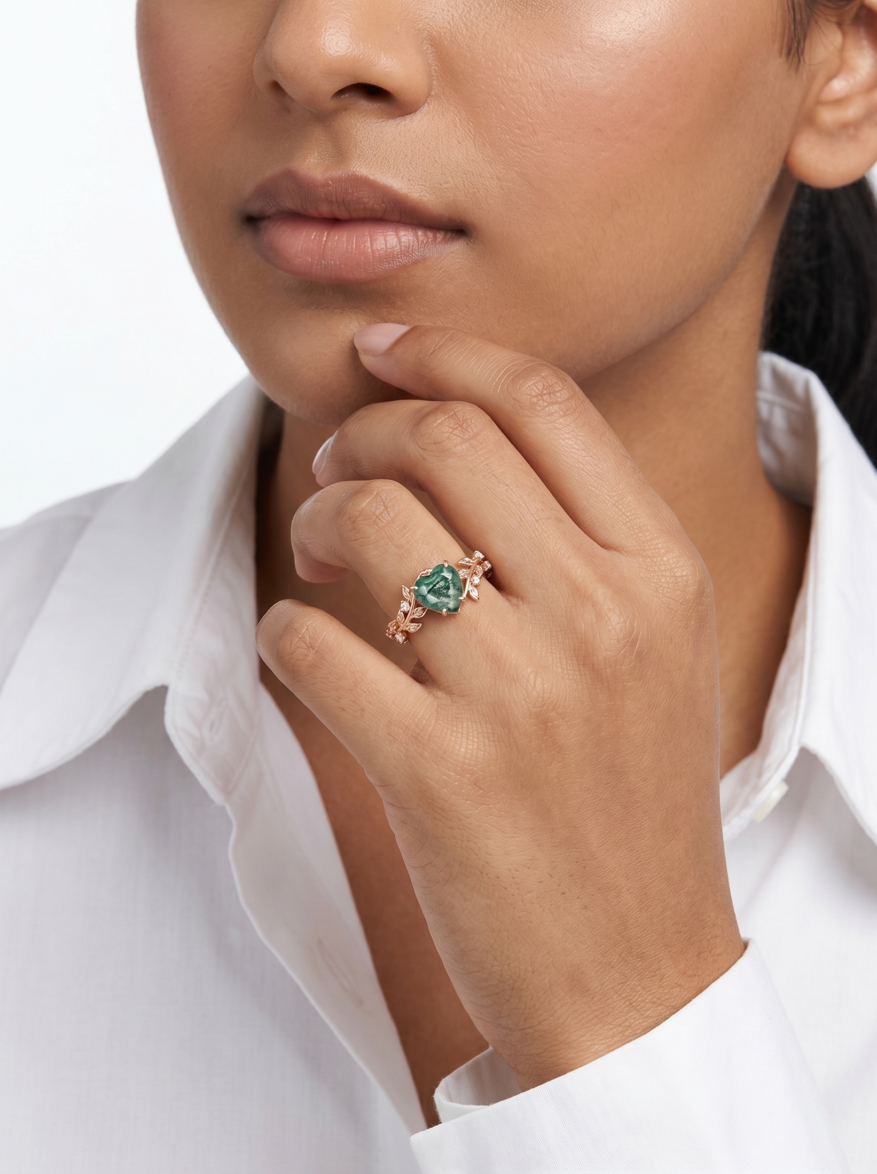Lucky Heart Natural Moss Agate Engagement Ring in Rose Gold | Leaf Vine Botanical Design with Moissanite Accents