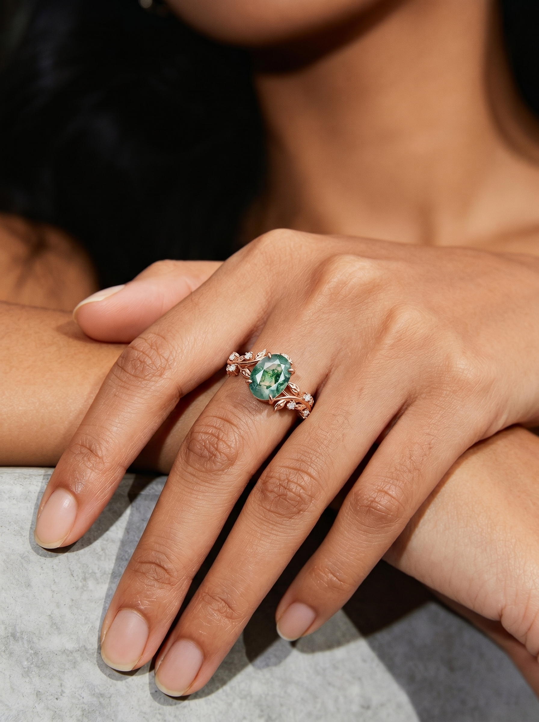 Rose Gold Natural Oval Cut Moss Agate Intertwined Vine Ring with Leaf Carving & moissanite Accents | Nature Artistic Engagement Ring