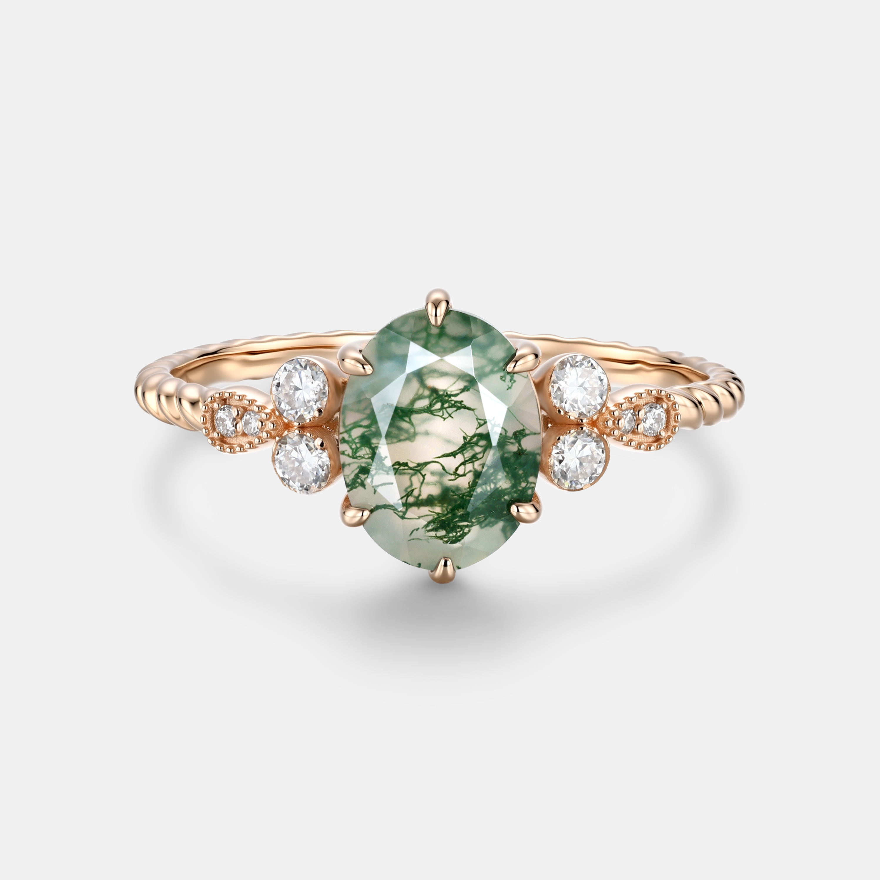 Rose Gold Natural Oval Cut Moss Agate Floral Ring – Romantic Bloom from the Forest