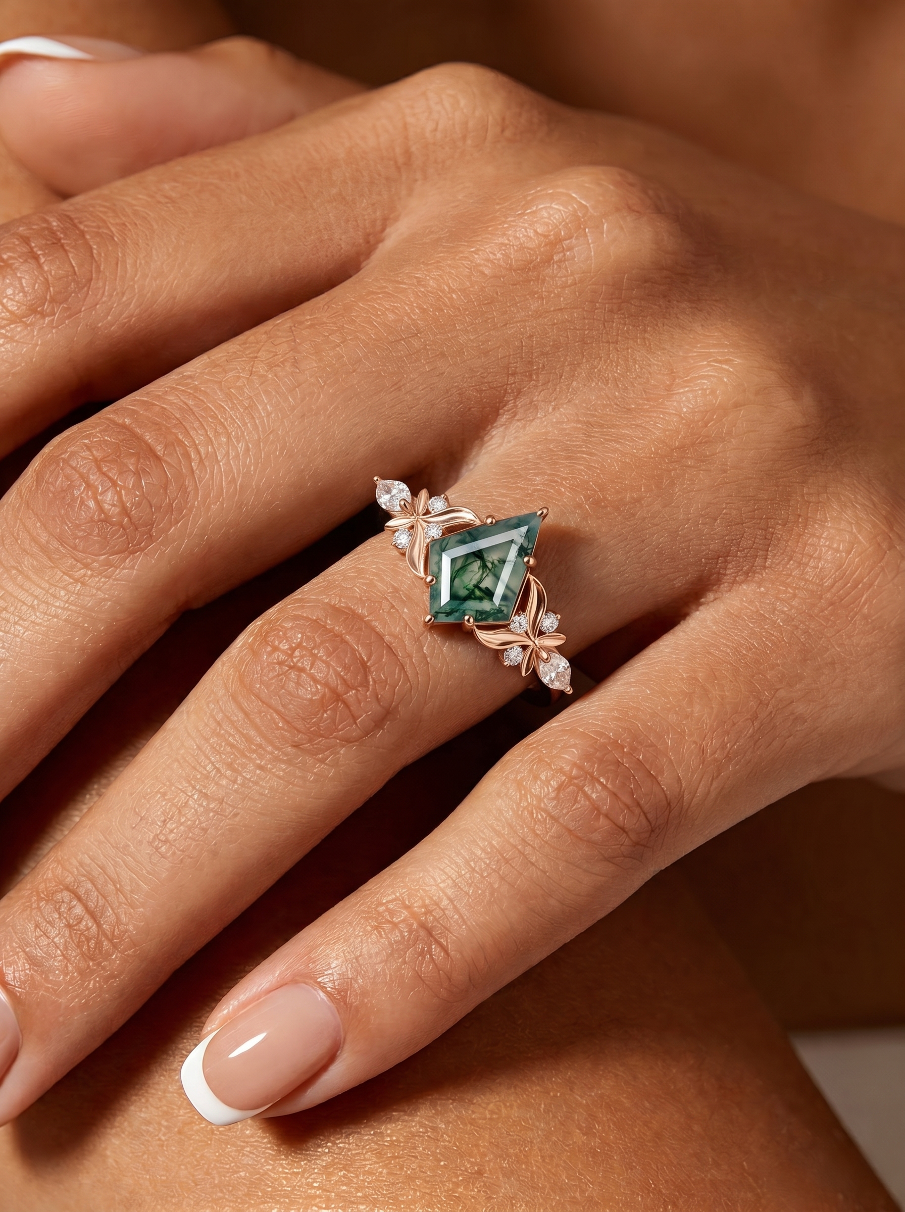 Rose Gold Natural Kite Cut Moss Agate Leaf Vine Ring with Diamond Floral Accents | Artistic Vintage Engagement Ring-GLR0043