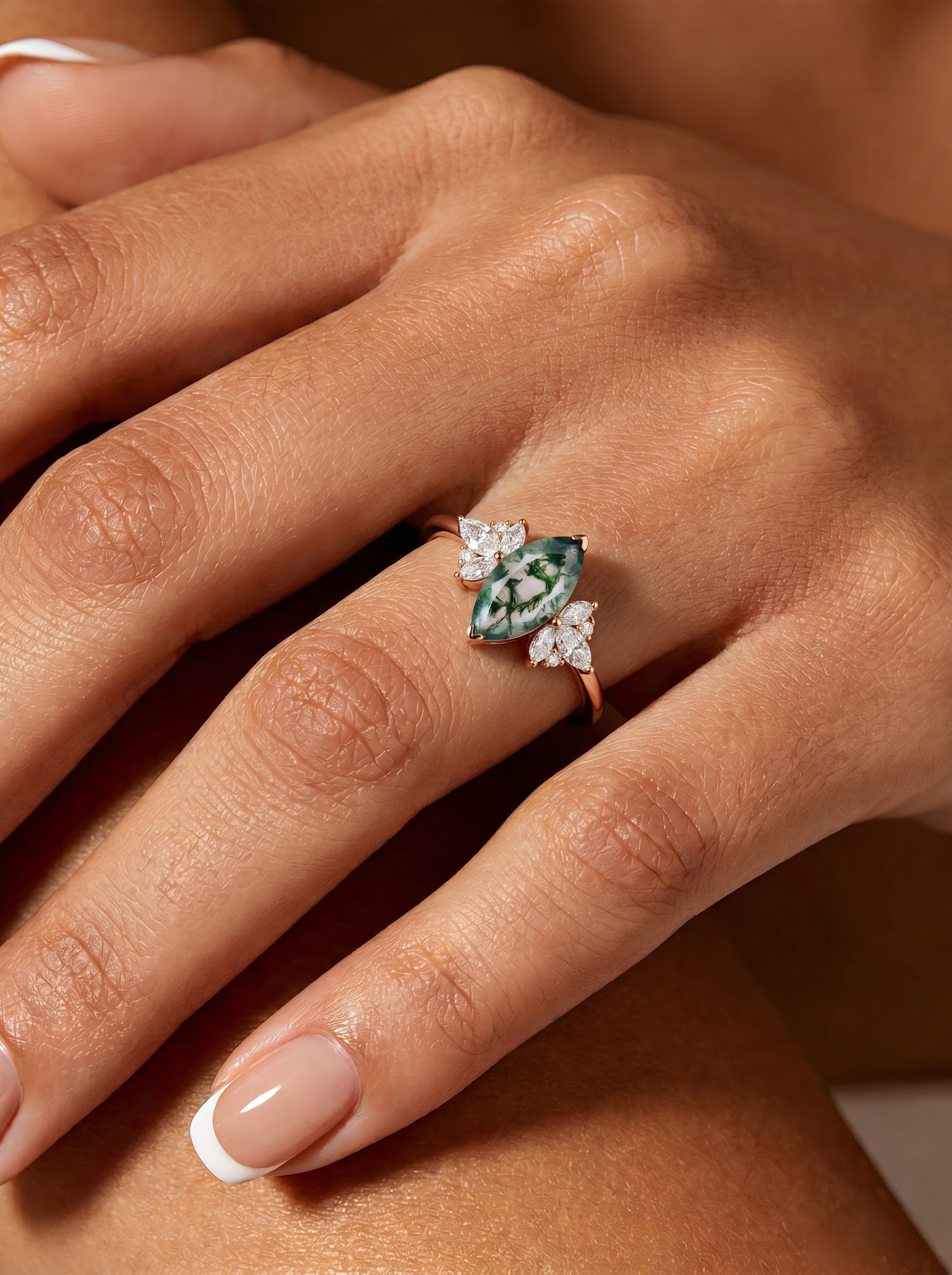 Rose Gold Natural Marquise Cut Moss Agate Floral Ring with Moissanite Leaf Accents | Nature-Inspired Engagement Ring-GLR0014