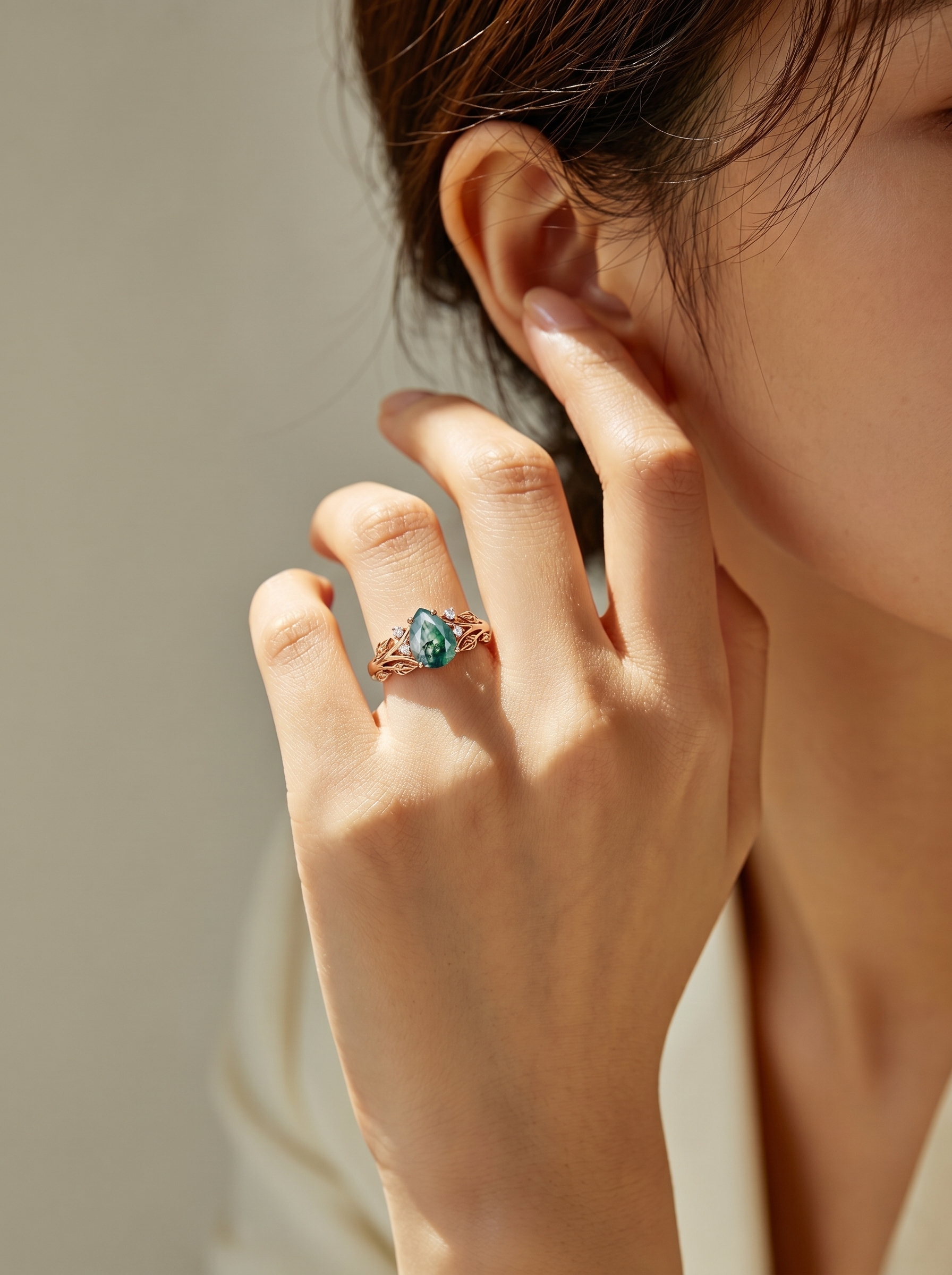 Whispers of the Forest – Pear Moss Agate Engagement Ring in Rose Gold with Leaf Vine & Diamonds
