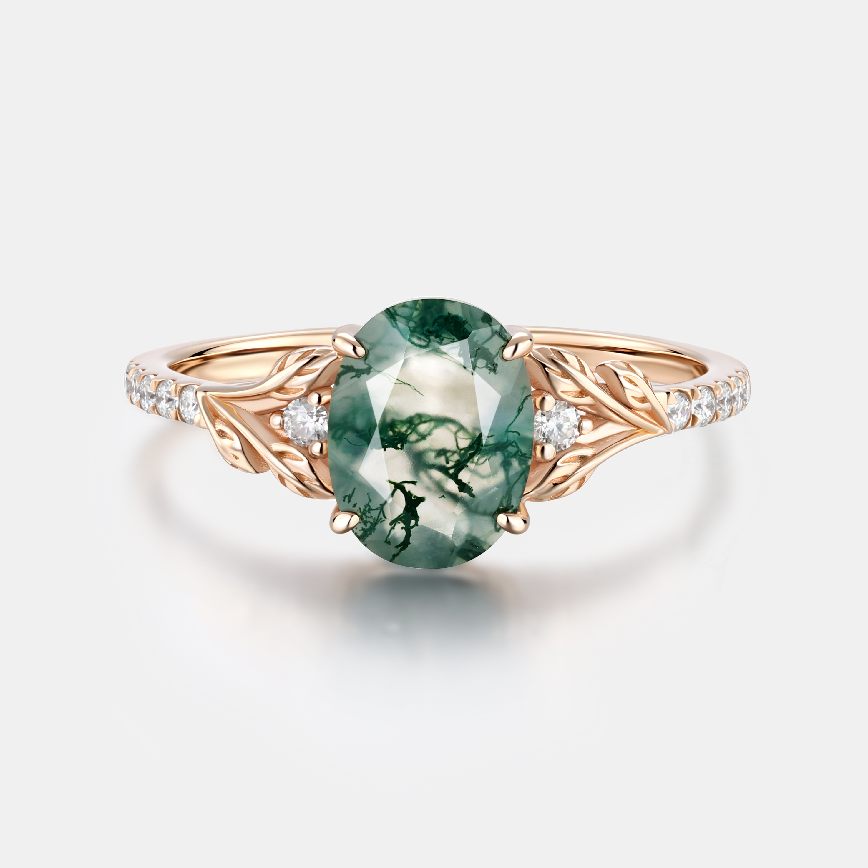 Rose Gold Natural Oval Cut Moss Agate Vine Diamond Half-Pavé Ring with Leaf Carving | Nature Artistic Engagement Ring