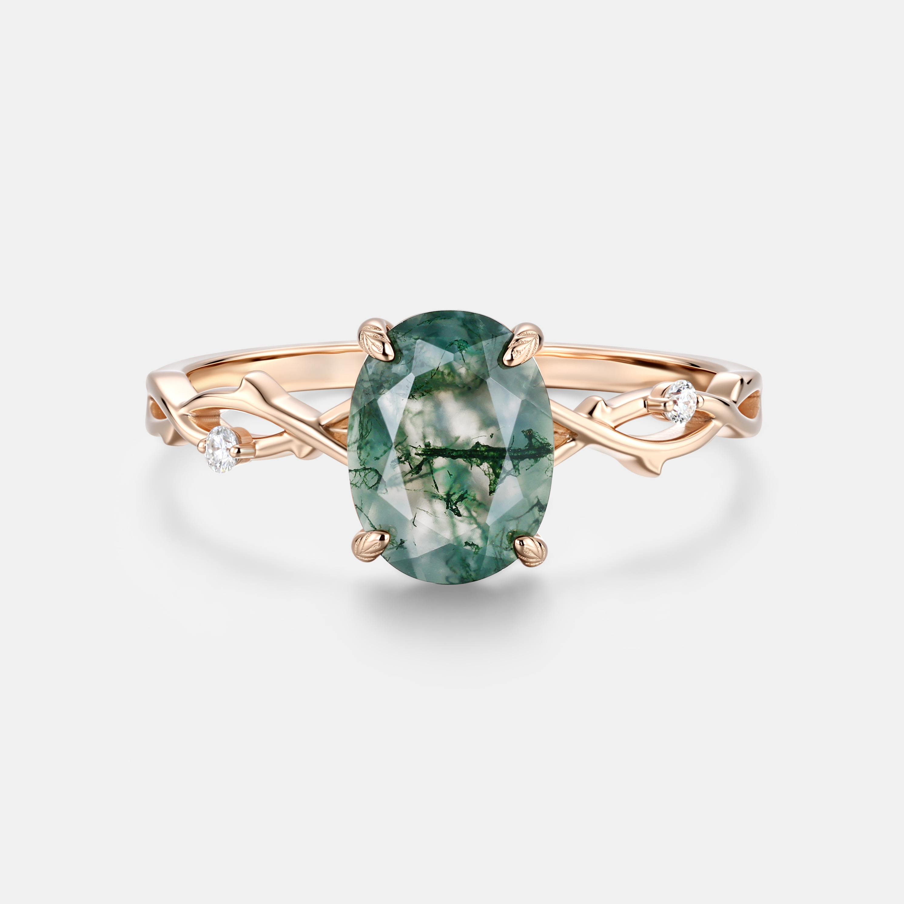 Rose Gold Natural Oval Cut Moss Agate Intertwined Vine Ring with Leaf Carving | Nature Artistic Engagement Ring