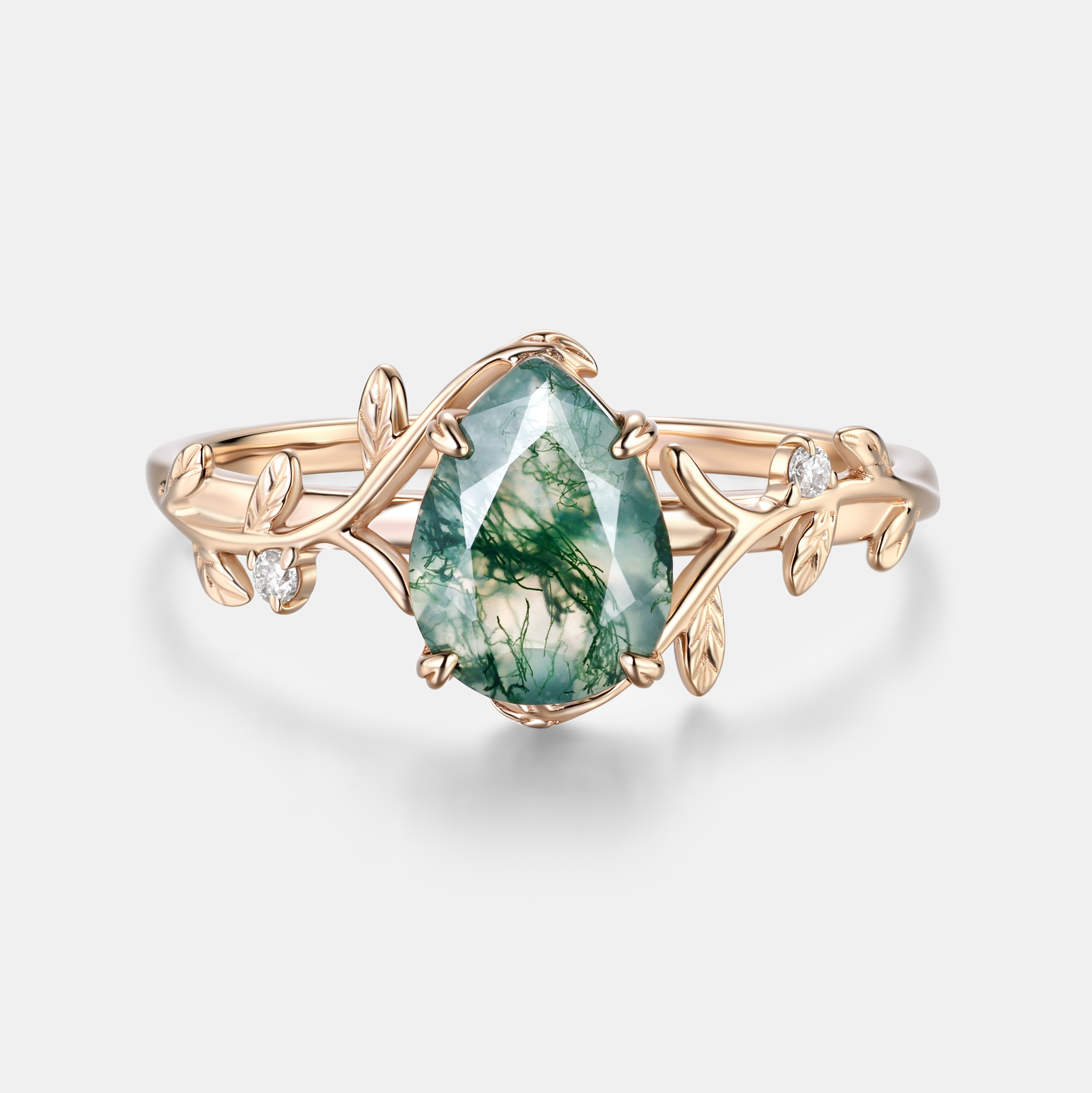 Rose Gold Natural Pear Cut Moss Agate Intertwined Vine Ring with Leaf Carving | Artistic Luxe Engagement Ring