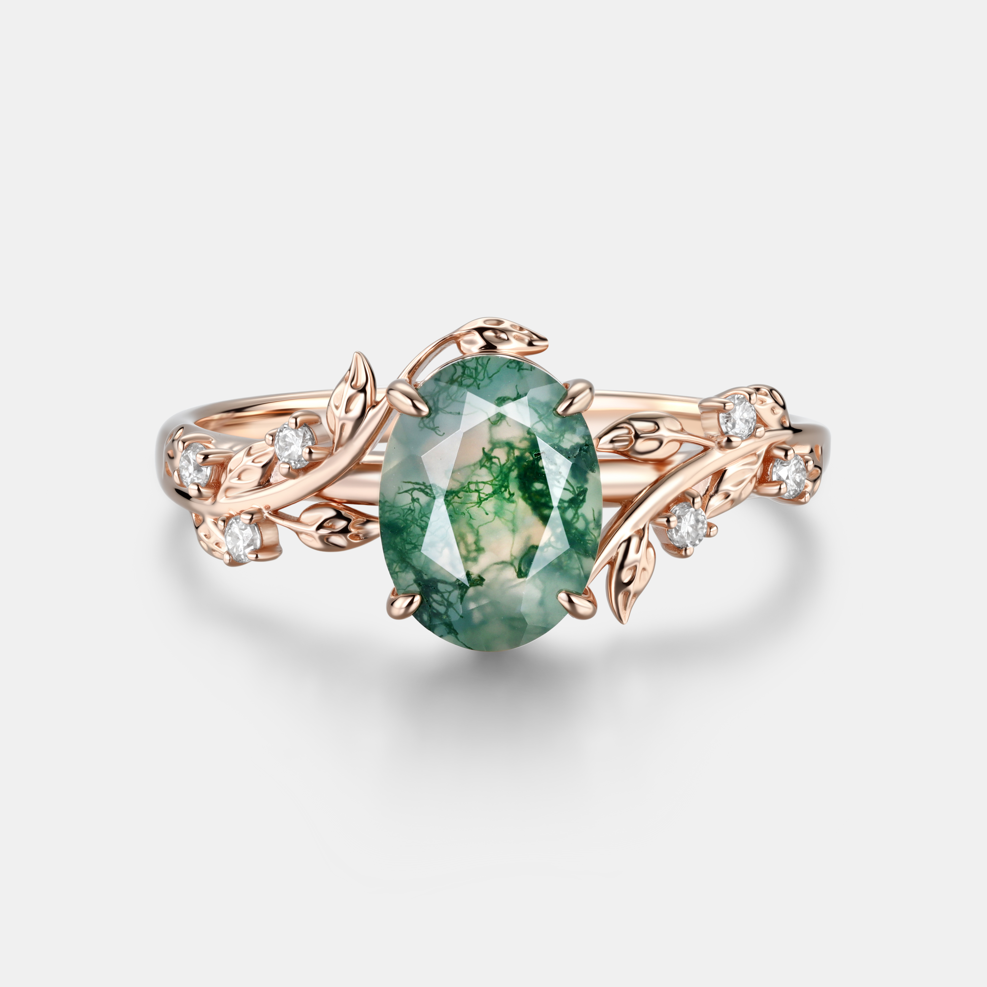 Rose Gold Natural Oval Cut Moss Agate Intertwined Vine Ring with Leaf Carving & moissanite Accents | Nature Artistic Engagement Ring