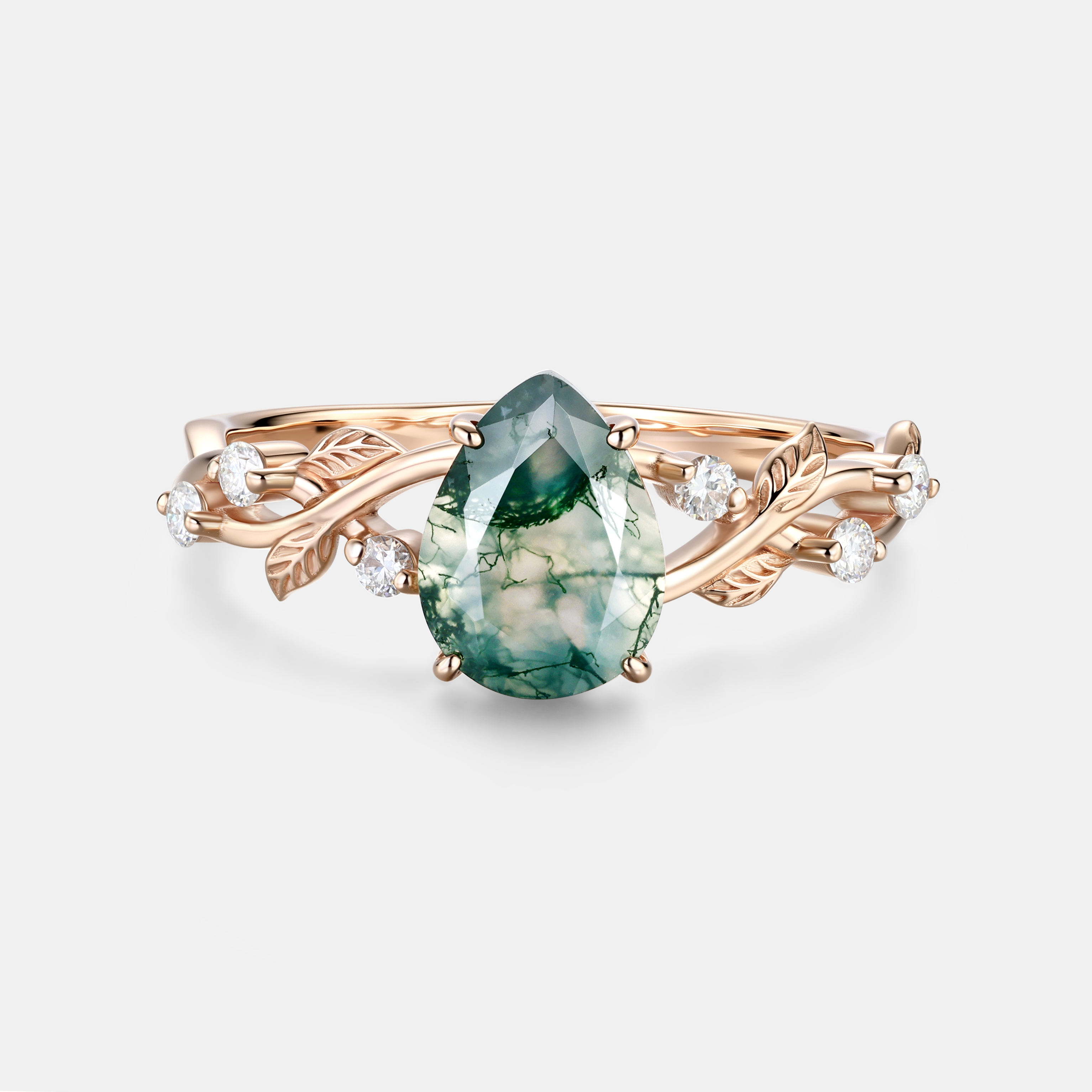 Nature-Inspired Pear Moss Agate Engagement Ring in 14K Rose Gold with Leaf Vine & Diamonds