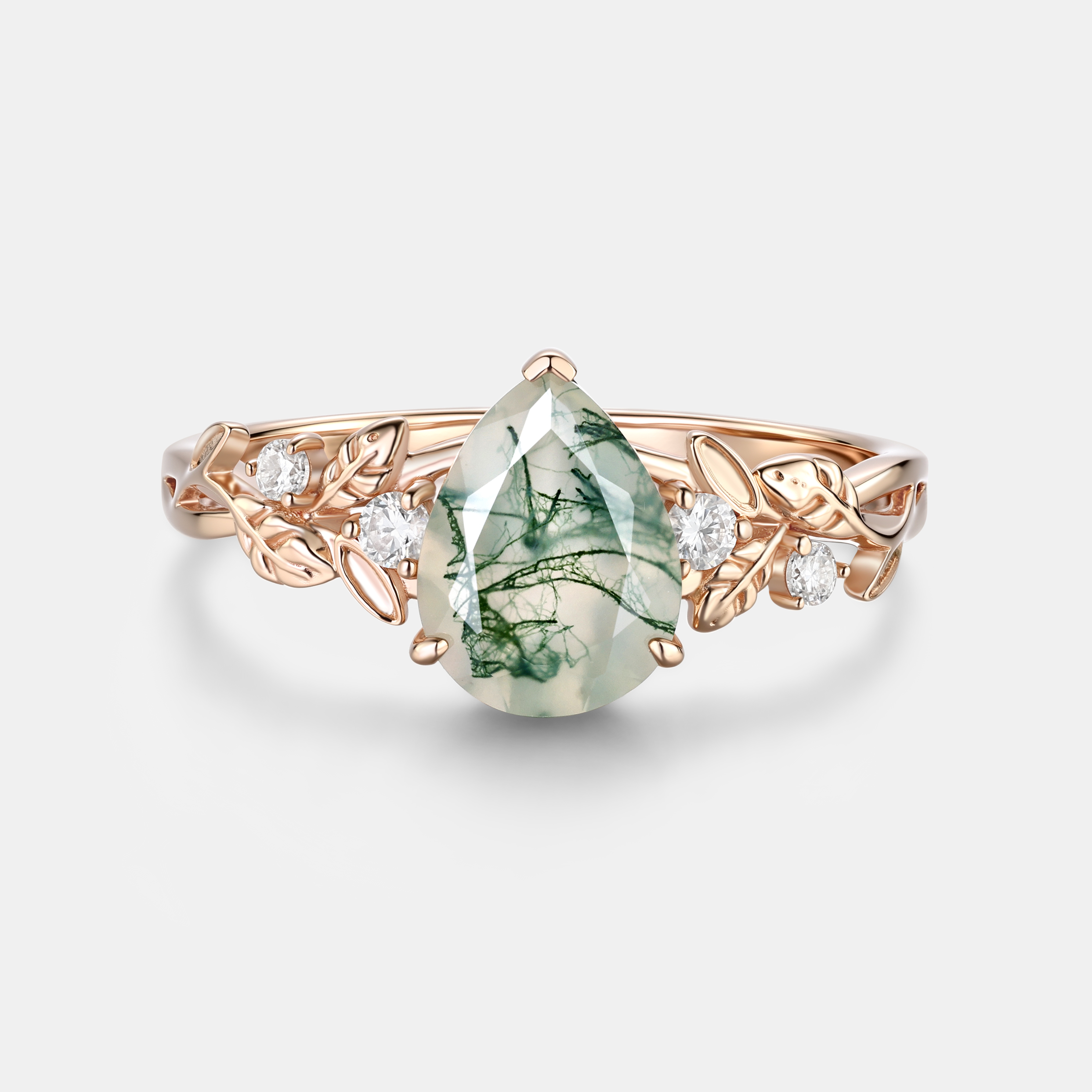 Pear Cut Moss Agate Floral Vine Engagement Ring – Rose Gold with Diamond Accents