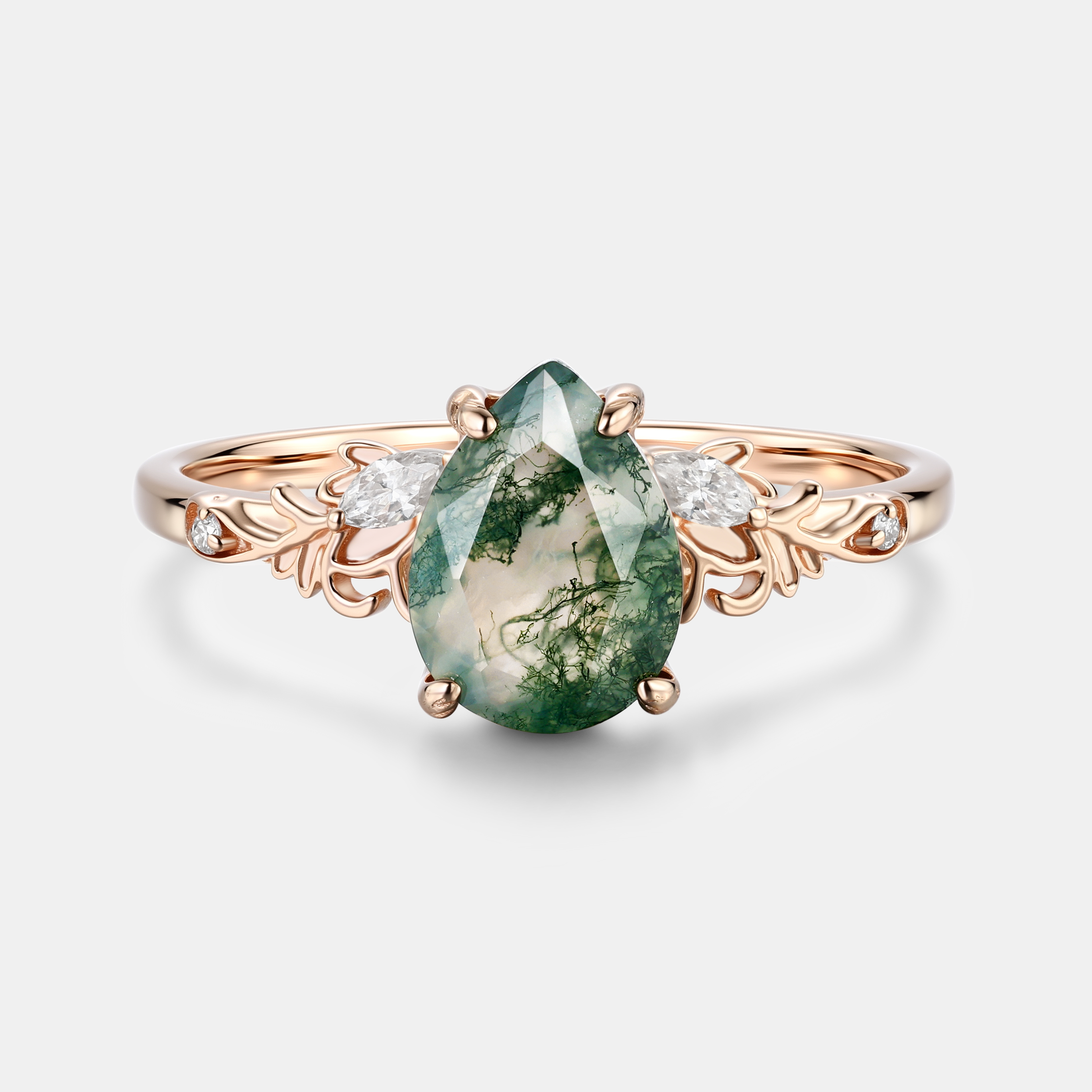Unique Moss Agate Teardrop Ring with Rose Gold Vine Leaves and Diamonds