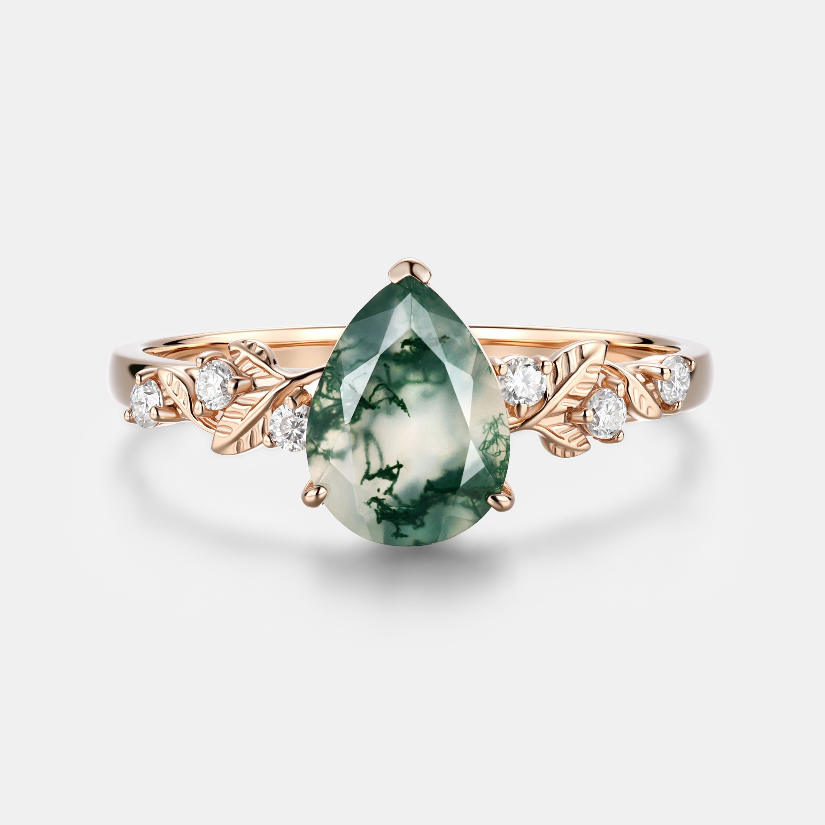 Botanical Pear Moss Agate Engagement Ring |  Rose Gold Vine & Leaf Jewelry