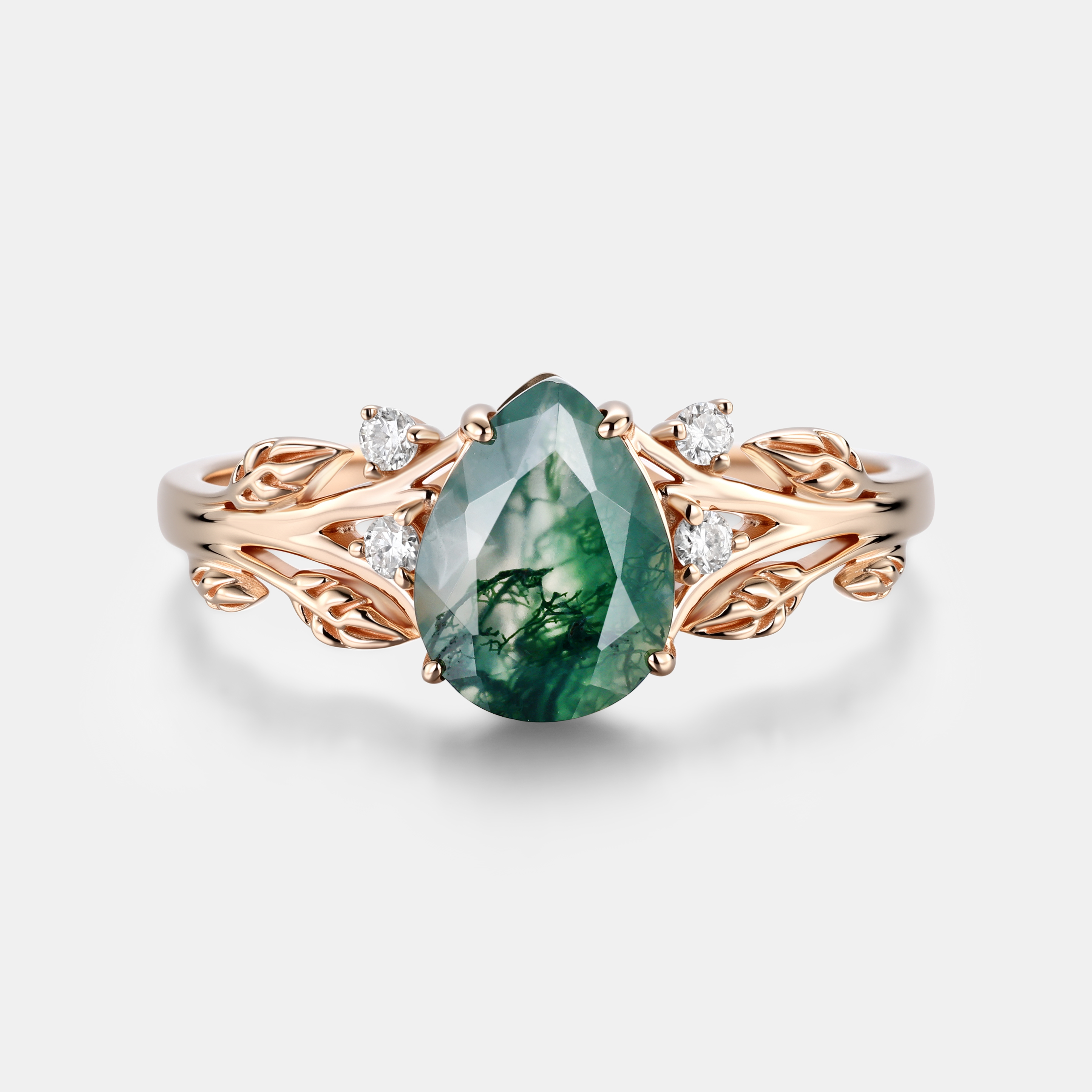 Whispers of the Forest – Pear Moss Agate Engagement Ring in Rose Gold with Leaf Vine & Diamonds