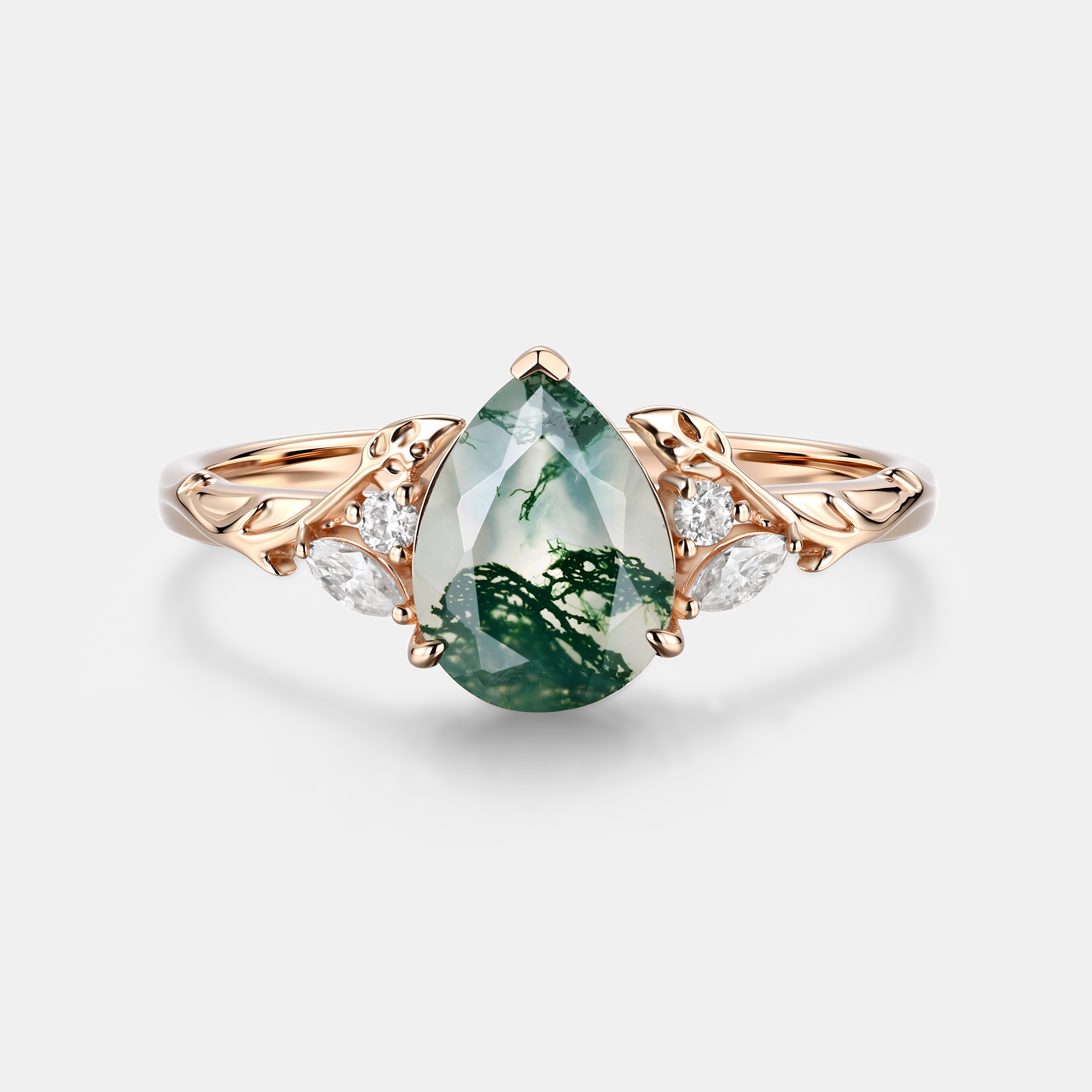 Enchanted Forest Pear Moss Agate Engagement Ring in 14K Rose Gold with Diamond Leaves