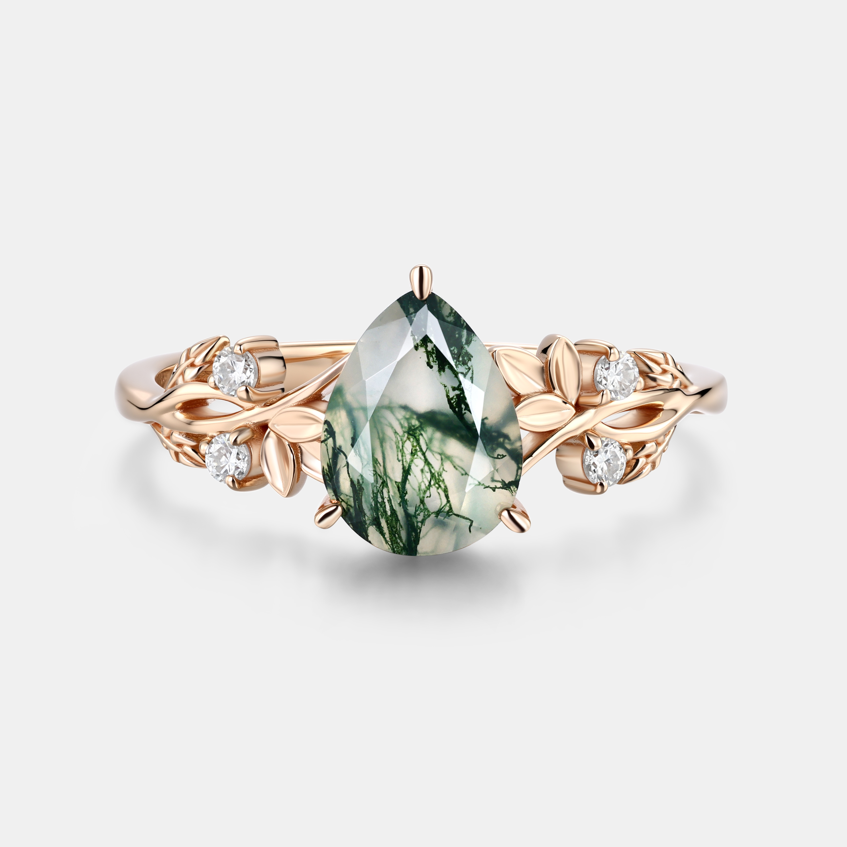Eternal Canopy Pear Moss Agate Engagement Ring in 14K Rose Gold with Diamond Foliage