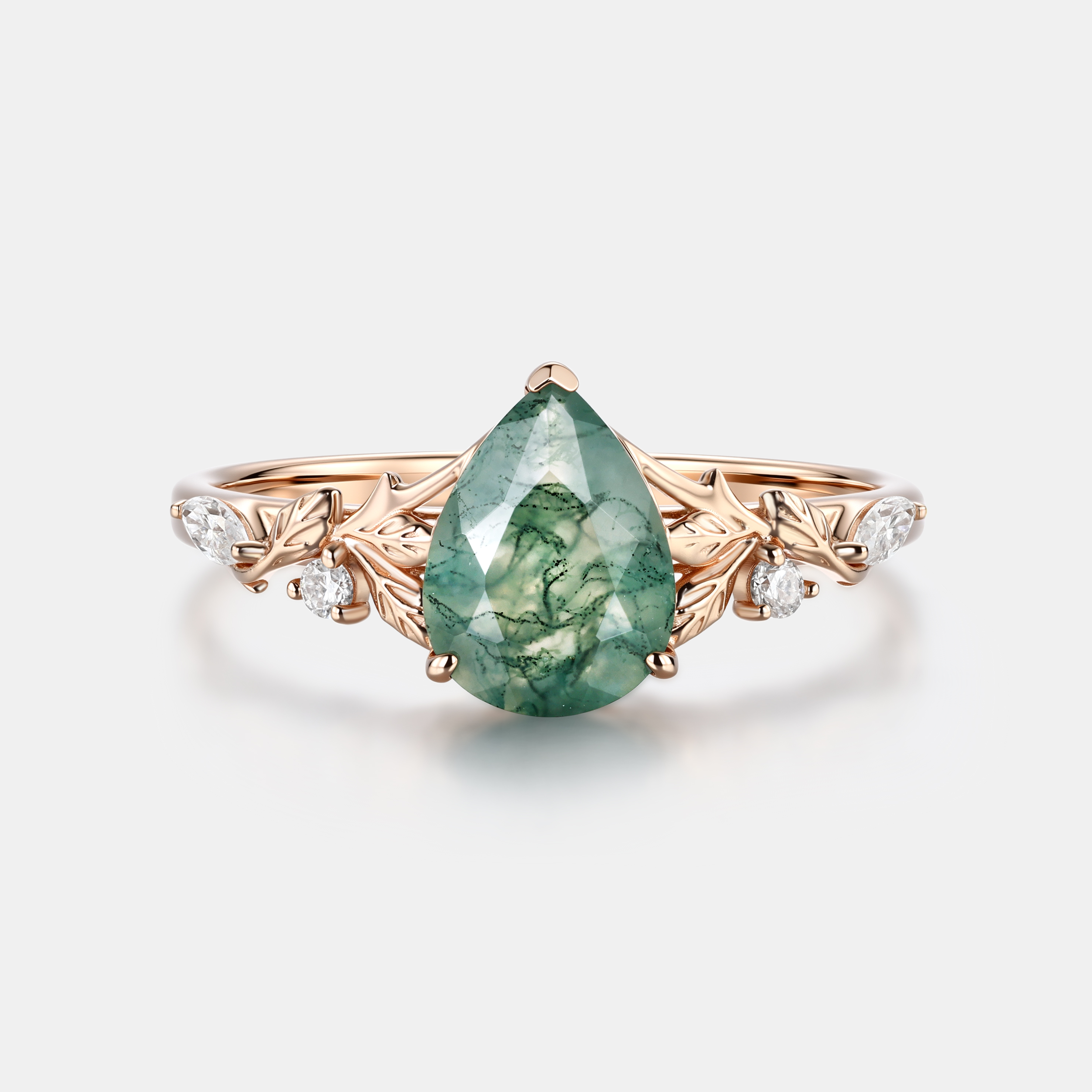 Lucky Moss Agate Floral Engagement Ring – Pear Shape in Rose Gold