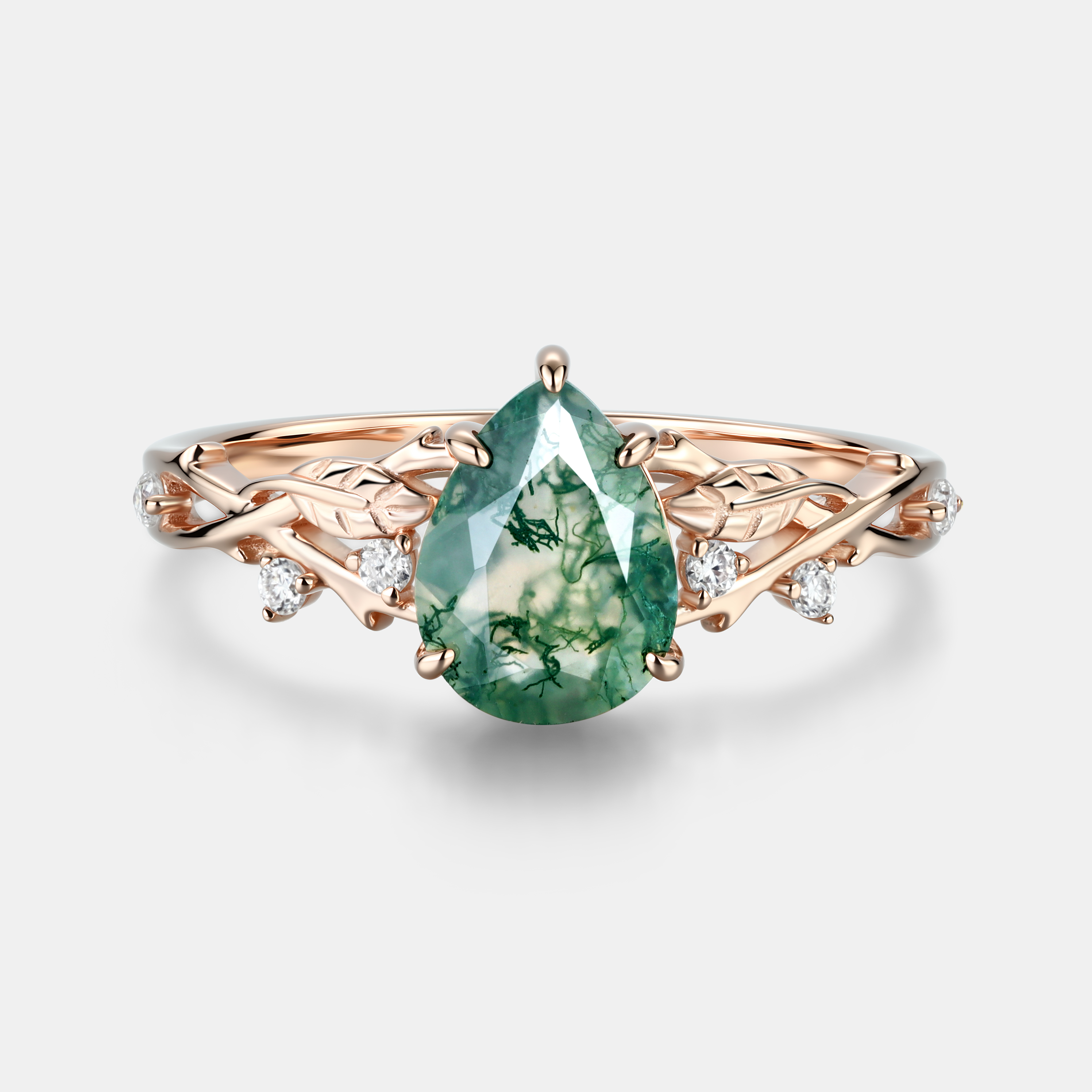 Eternal Canopy Pear Moss Agate Engagement Ring in Rose Gold with Diamond Vine Foliage