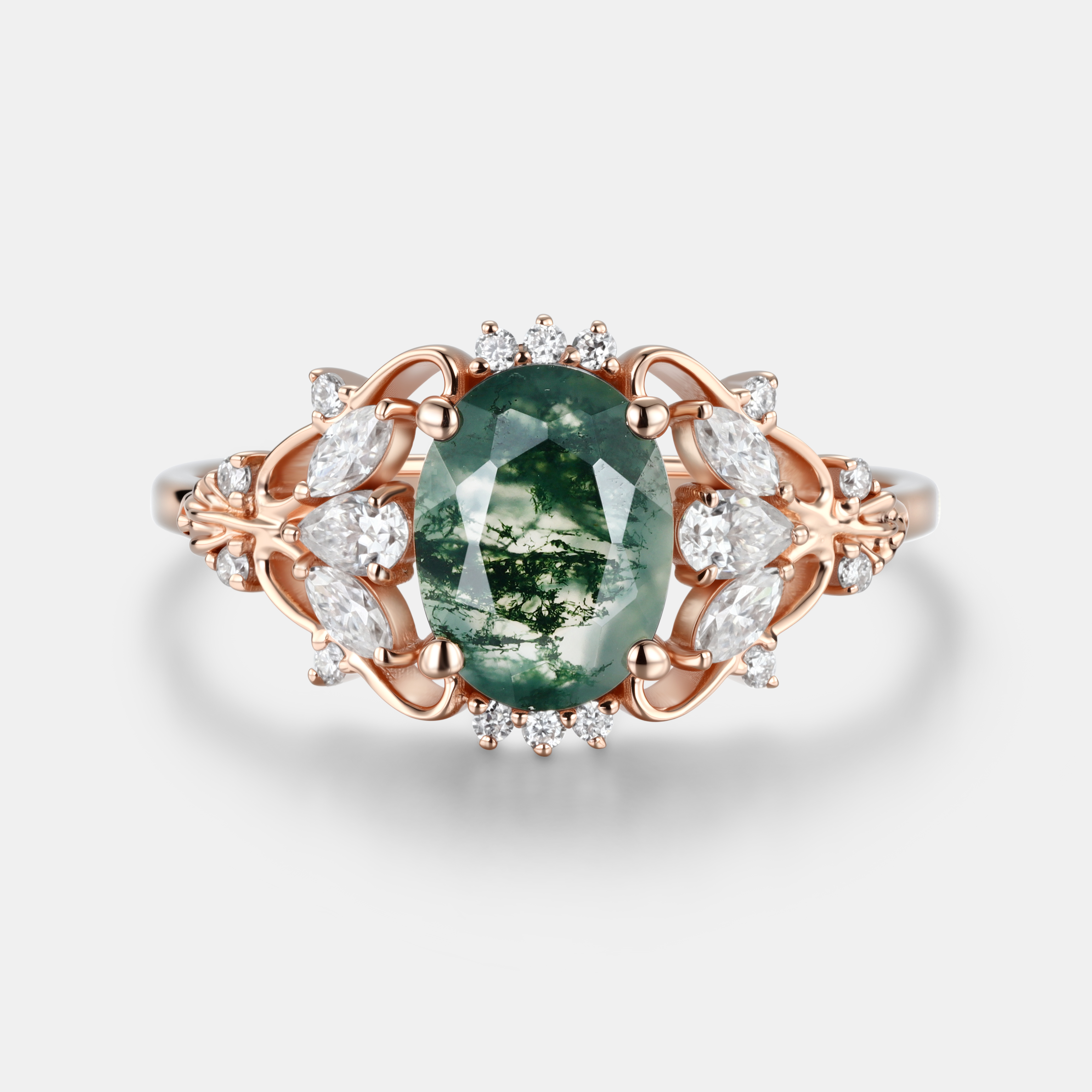 Lucky Eternal Canopy Oval Moss Agate Engagement Ring in Rose Gold with Diamond Halo
