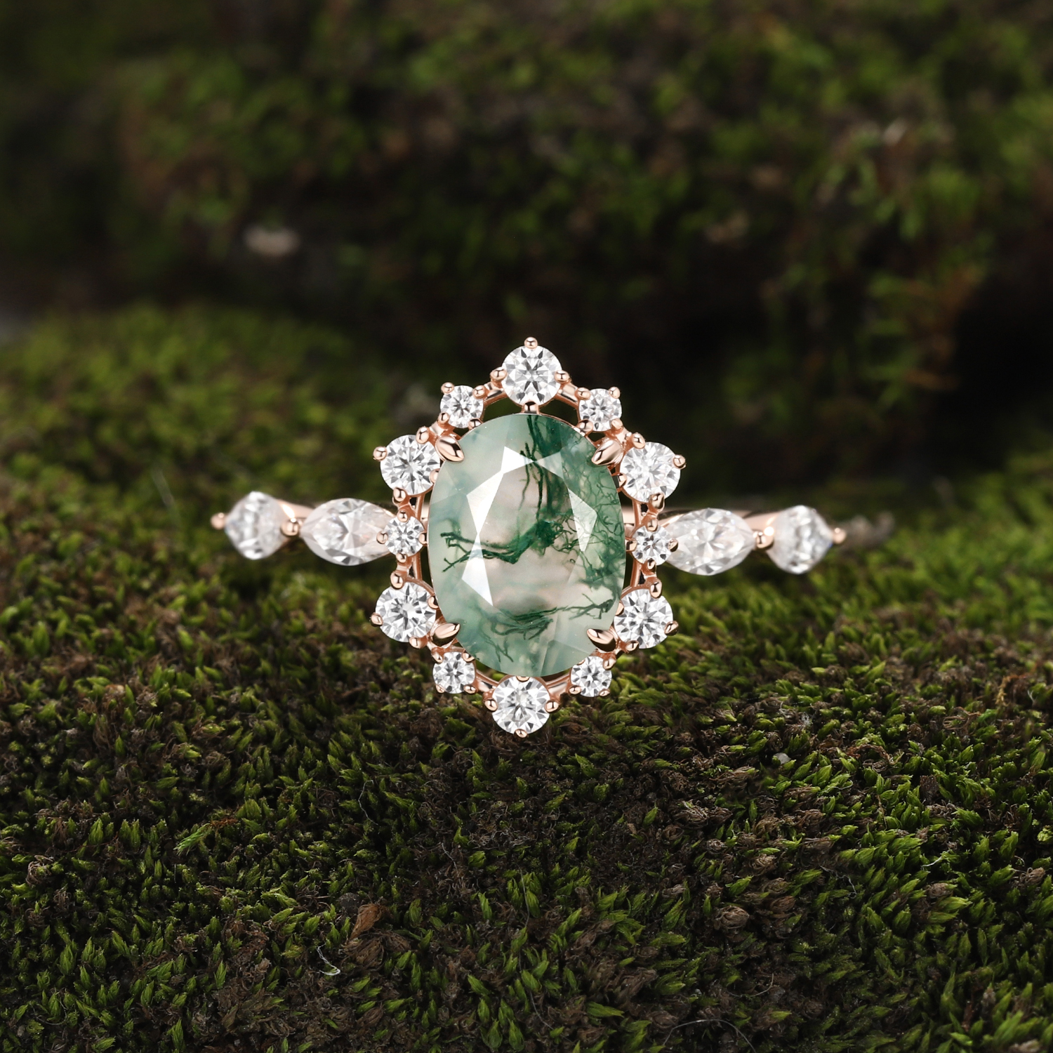 Oval Moss Agate Rose Gold Halo Ring with Pear Moissanite & Crown Accents | Glamorous Forest Boho Engagement Ring-GLR0018