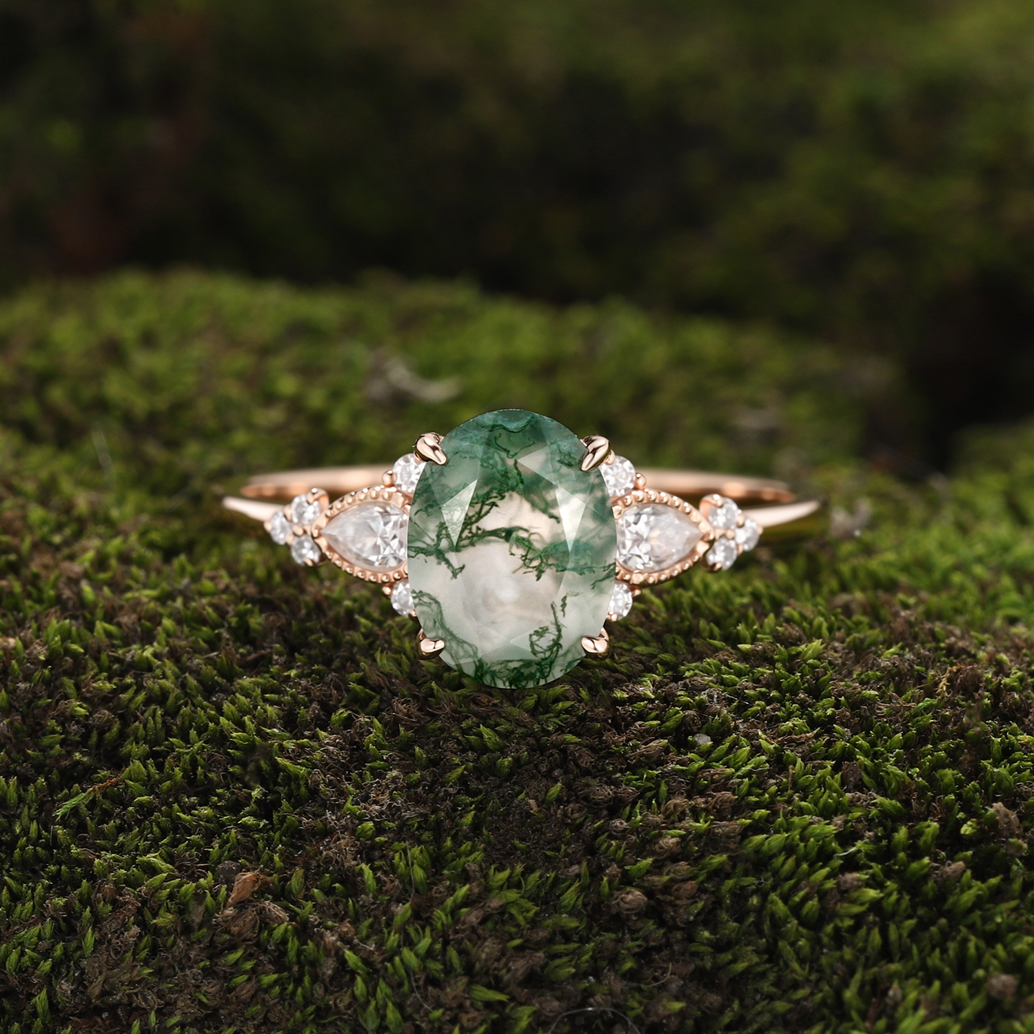 Rose Gold Natural Oval Cut Moss Agate Ring with Pear Moissanite & Milgrain Accents | Vintage Nature-Inspired Engagement Ring